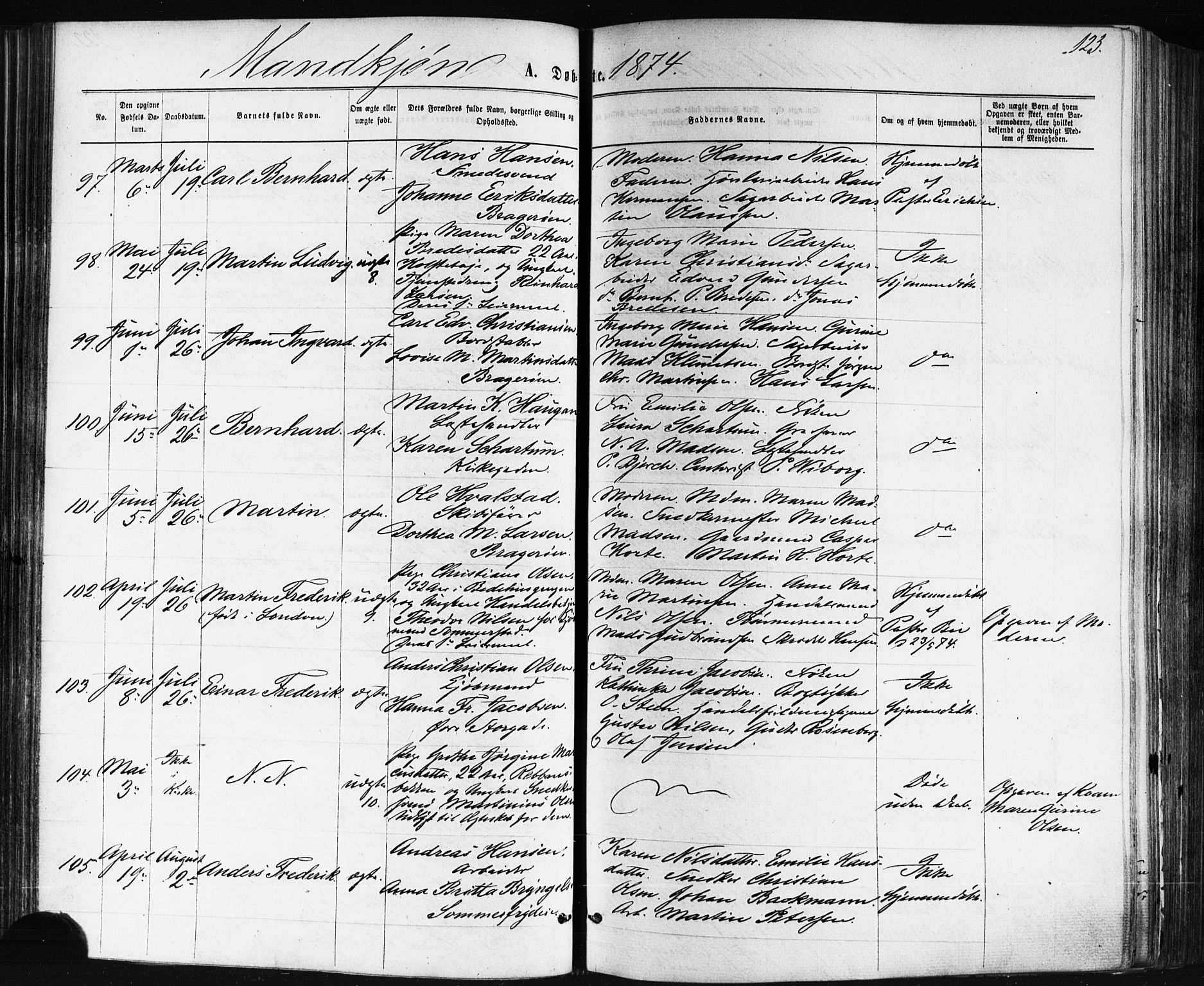 Bragernes kirkebøker, SAKO/A-6/F/Fb/L0004: Parish register (official) no. II 4, 1869-1875, p. 123