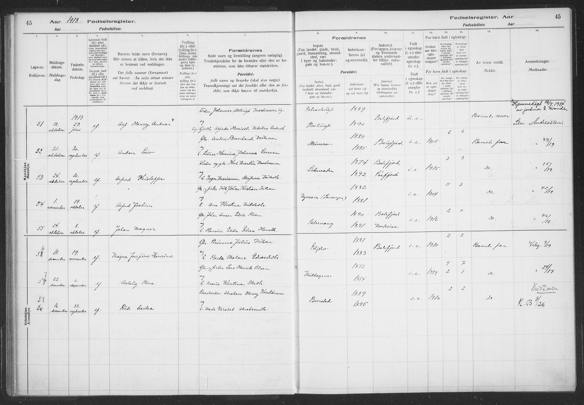 Balsfjord sokneprestembete, AV/SATØ-S-1303/H/Hb/L0059: Birth register no. 59, 1916-1930, p. 45