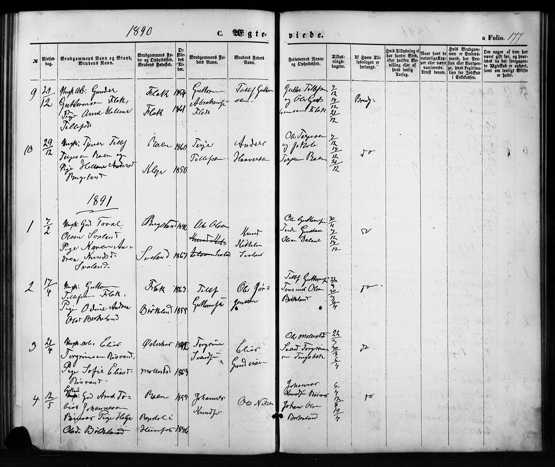 Birkenes sokneprestkontor, SAK/1111-0004/F/Fb/L0003: Parish register (copy) no. B 3, 1876-1892, p. 177