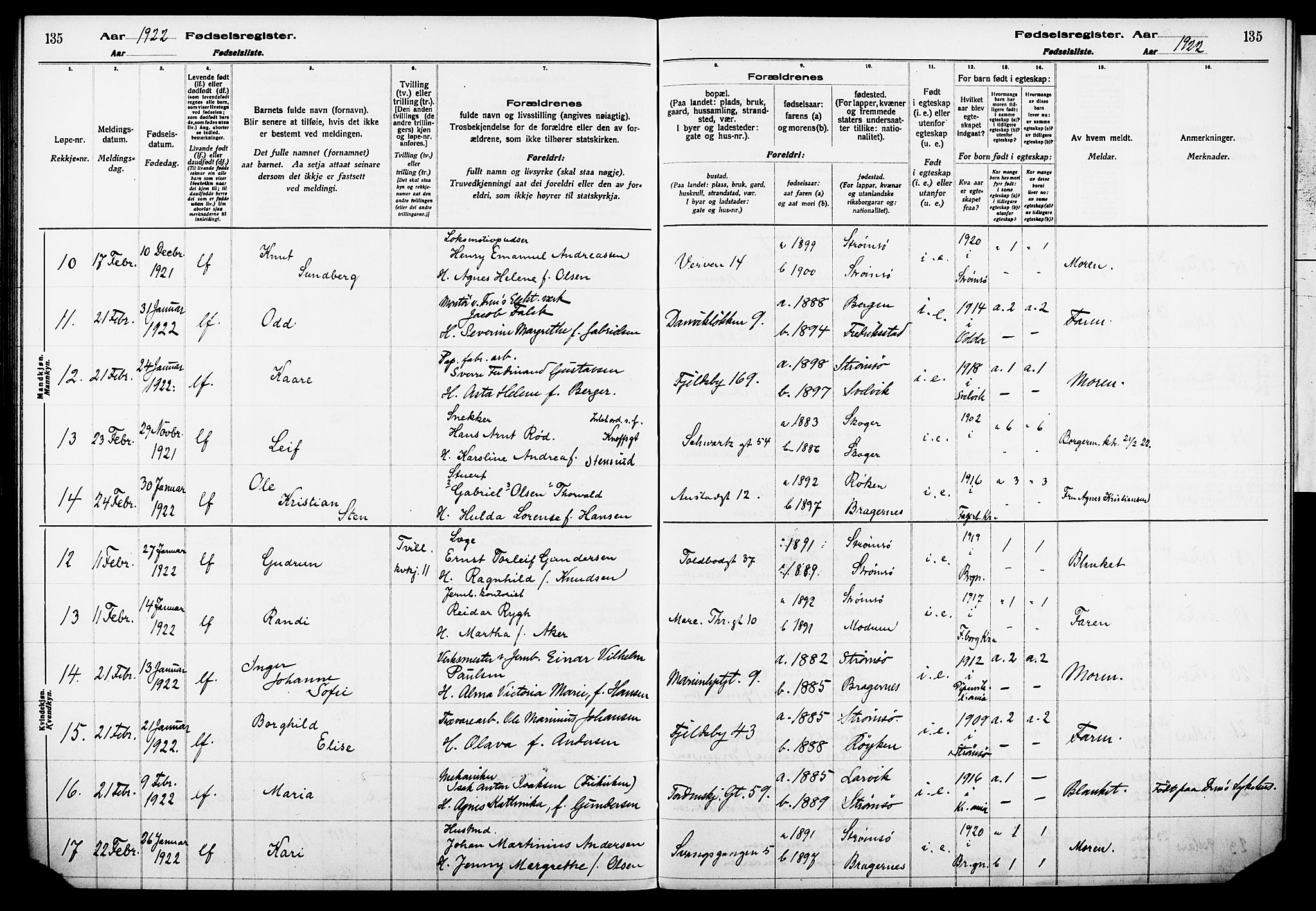 Strømsø kirkebøker, AV/SAKO-A-246/J/Ja/L0001: Birth register no. I 1, 1916-1925, p. 135