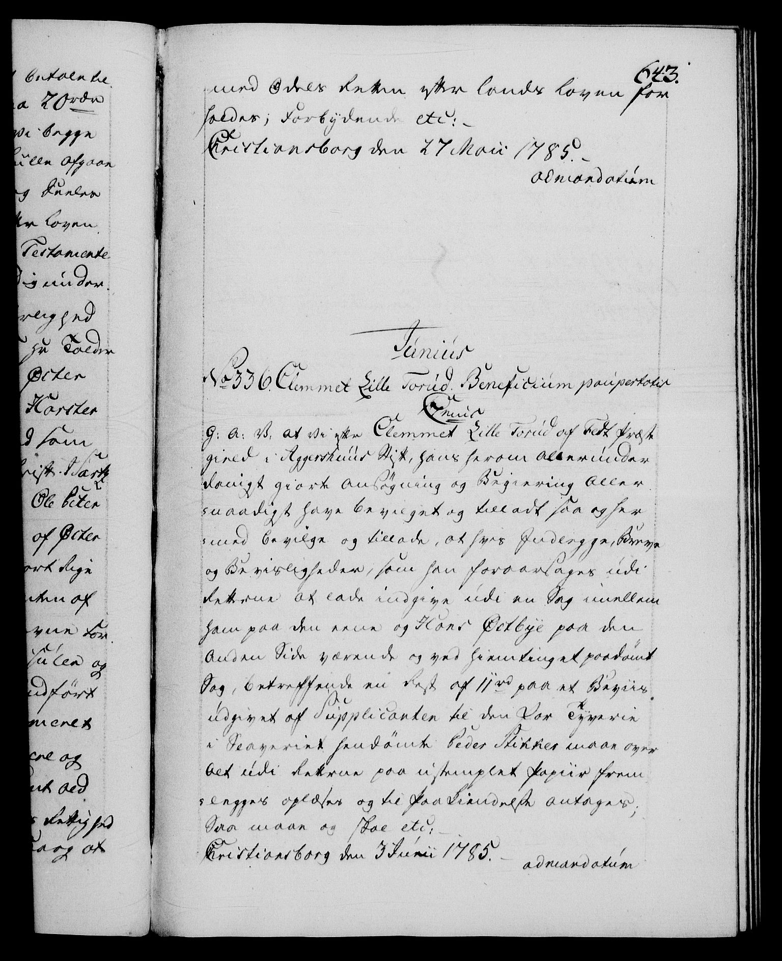 Danske Kanselli 1572-1799, RA/EA-3023/F/Fc/Fca/Fcaa/L0050: Norske registre, 1784-1785, p. 643a