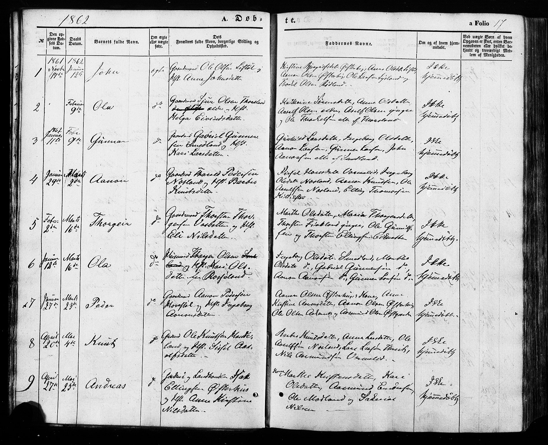 Åseral sokneprestkontor, SAK/1111-0051/F/Fa/L0002: Parish register (official) no. A 2, 1854-1884, p. 17