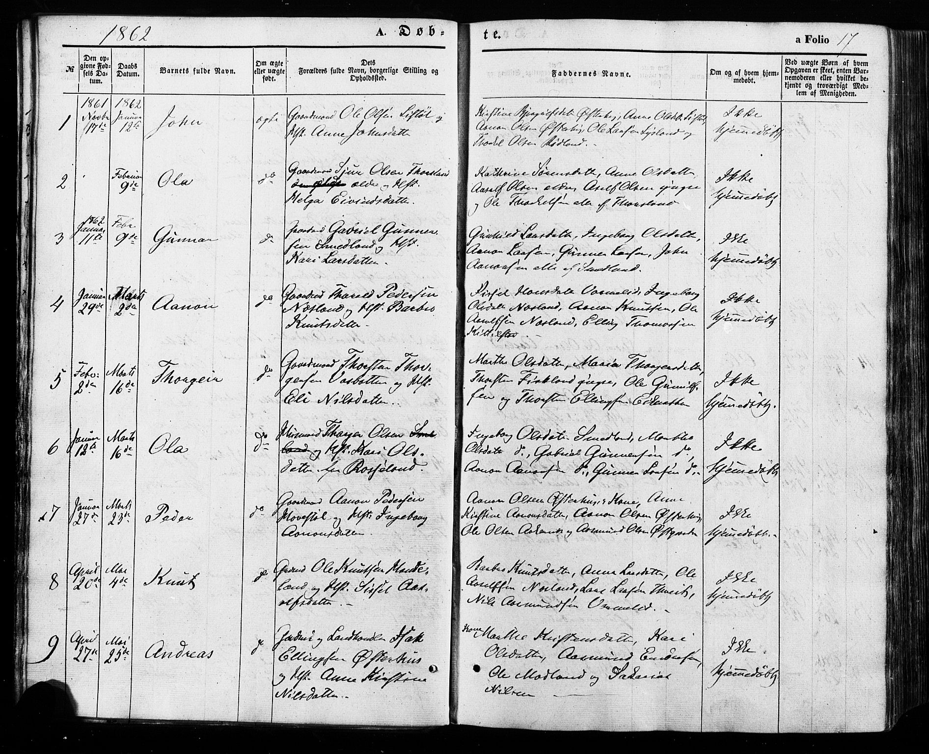 Åseral sokneprestkontor, AV/SAK-1111-0051/F/Fa/L0002: Parish register (official) no. A 2, 1854-1884, p. 17