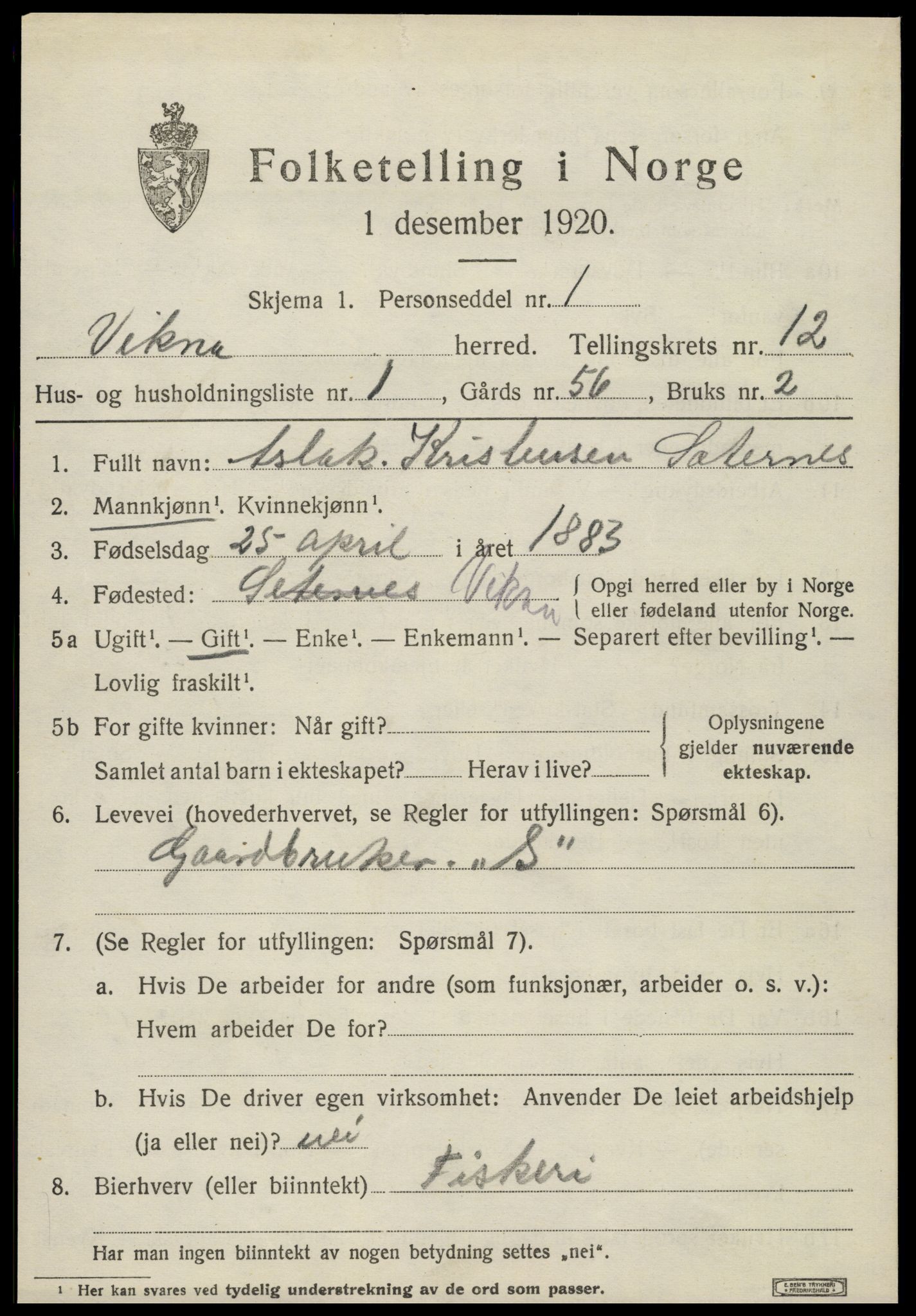 SAT, 1920 census for Vikna, 1920, p. 7715