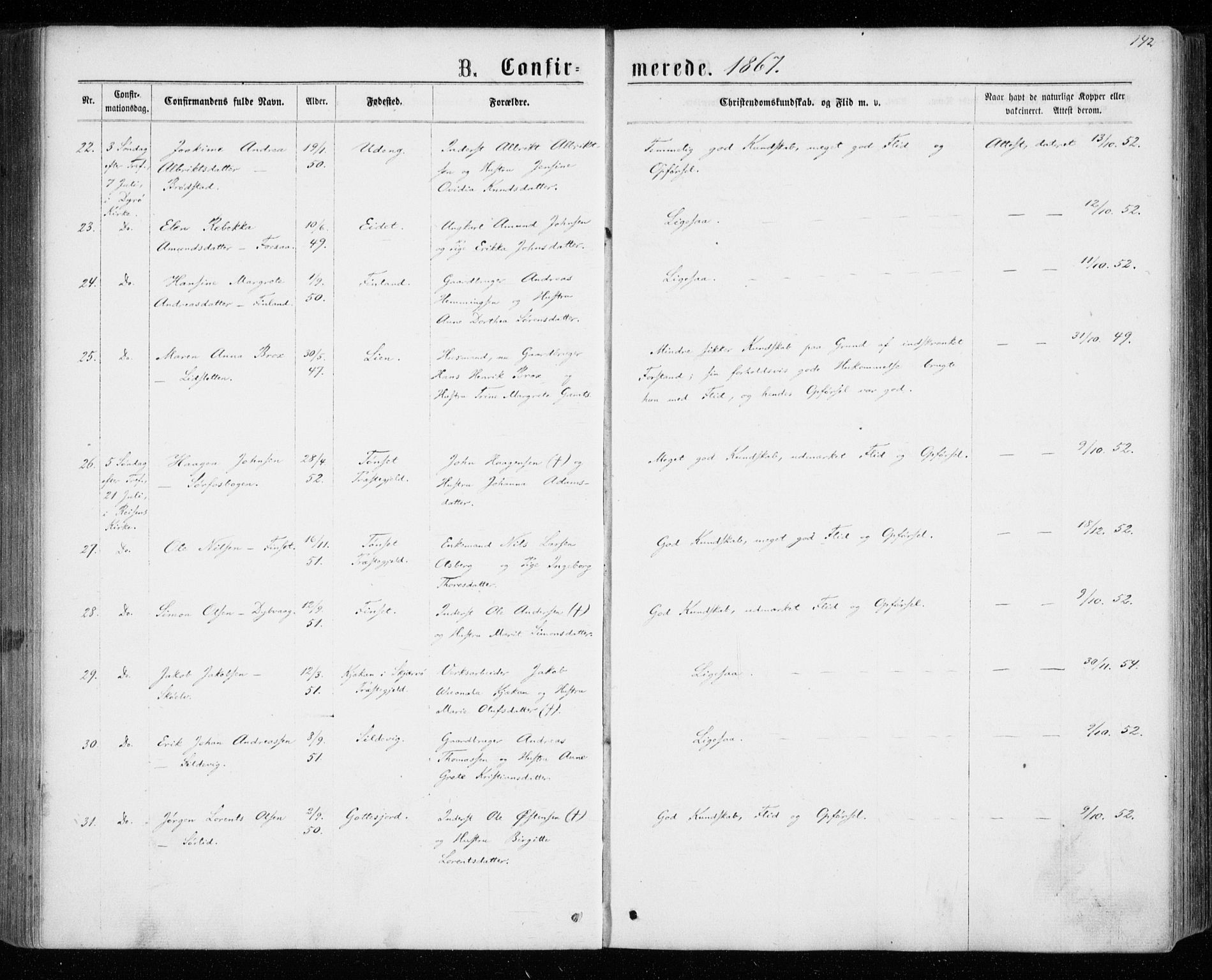 Tranøy sokneprestkontor, SATØ/S-1313/I/Ia/Iaa/L0008kirke: Parish register (official) no. 8, 1867-1877, p. 142