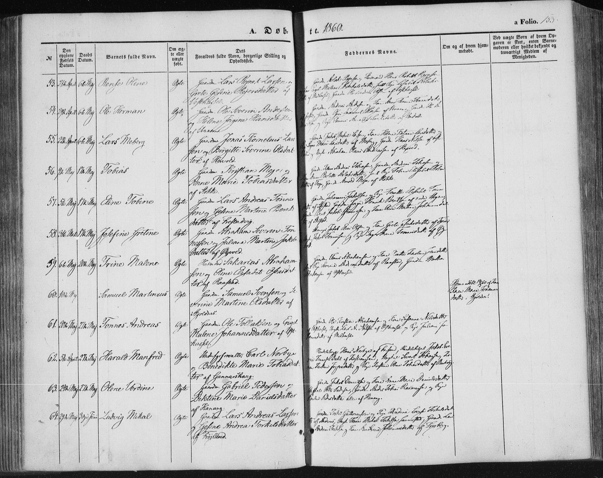 Lista sokneprestkontor, SAK/1111-0027/F/Fa/L0010: Parish register (official) no. A 10, 1846-1861, p. 153