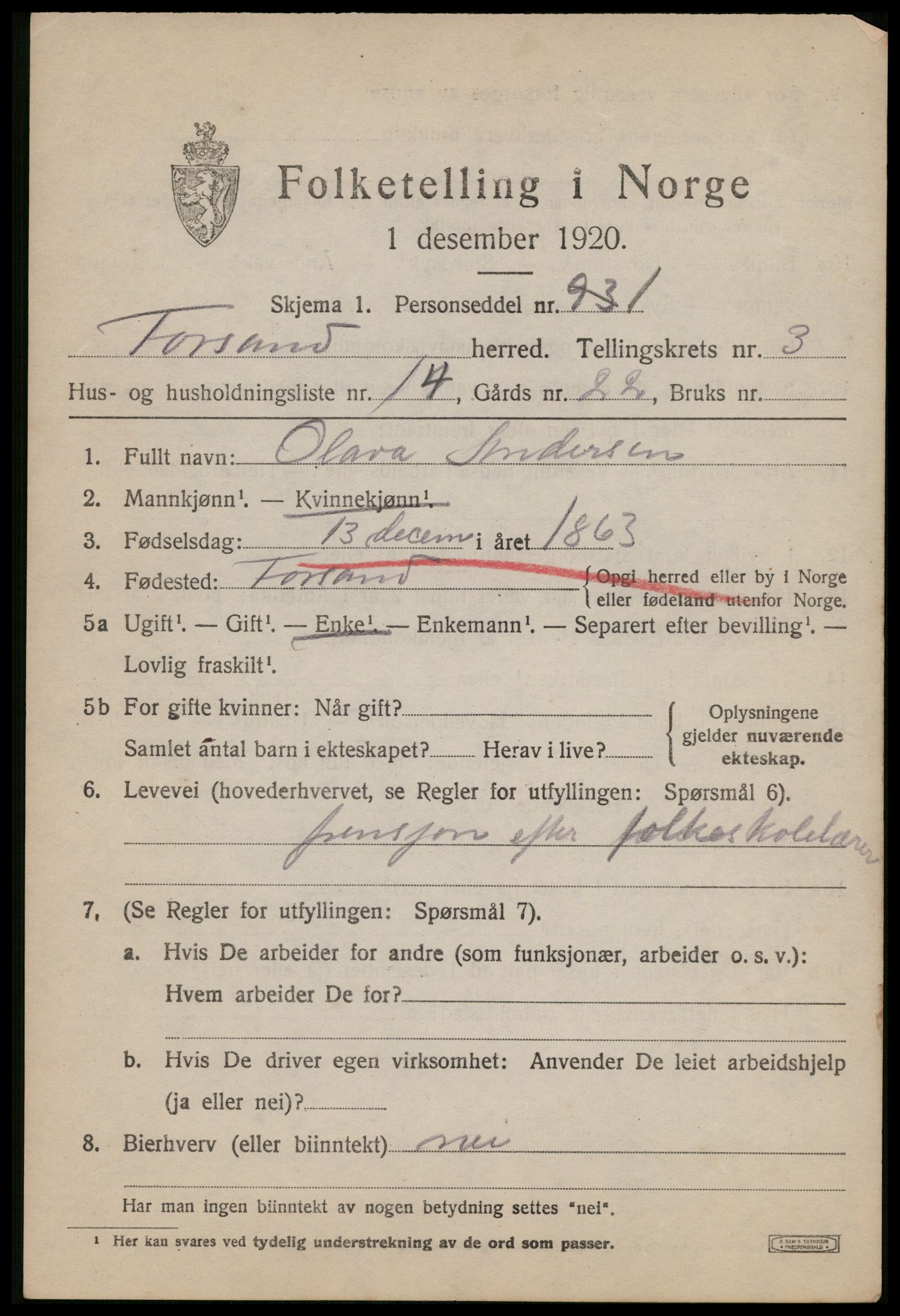 SAST, 1920 census for Forsand, 1920, p. 1607