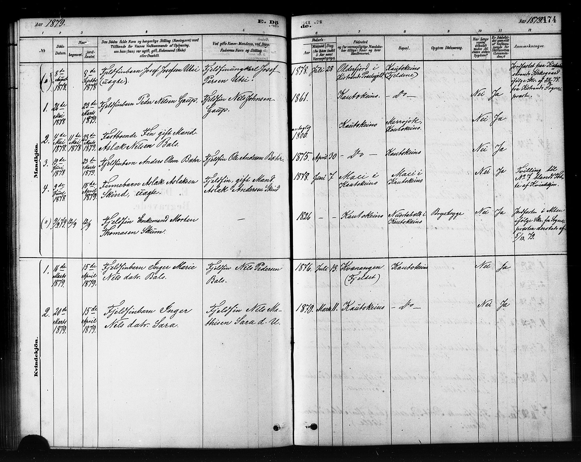 Kautokeino sokneprestembete, SATØ/S-1340/H/Hb/L0002.klokk: Parish register (copy) no. 2, 1877-1896, p. 174