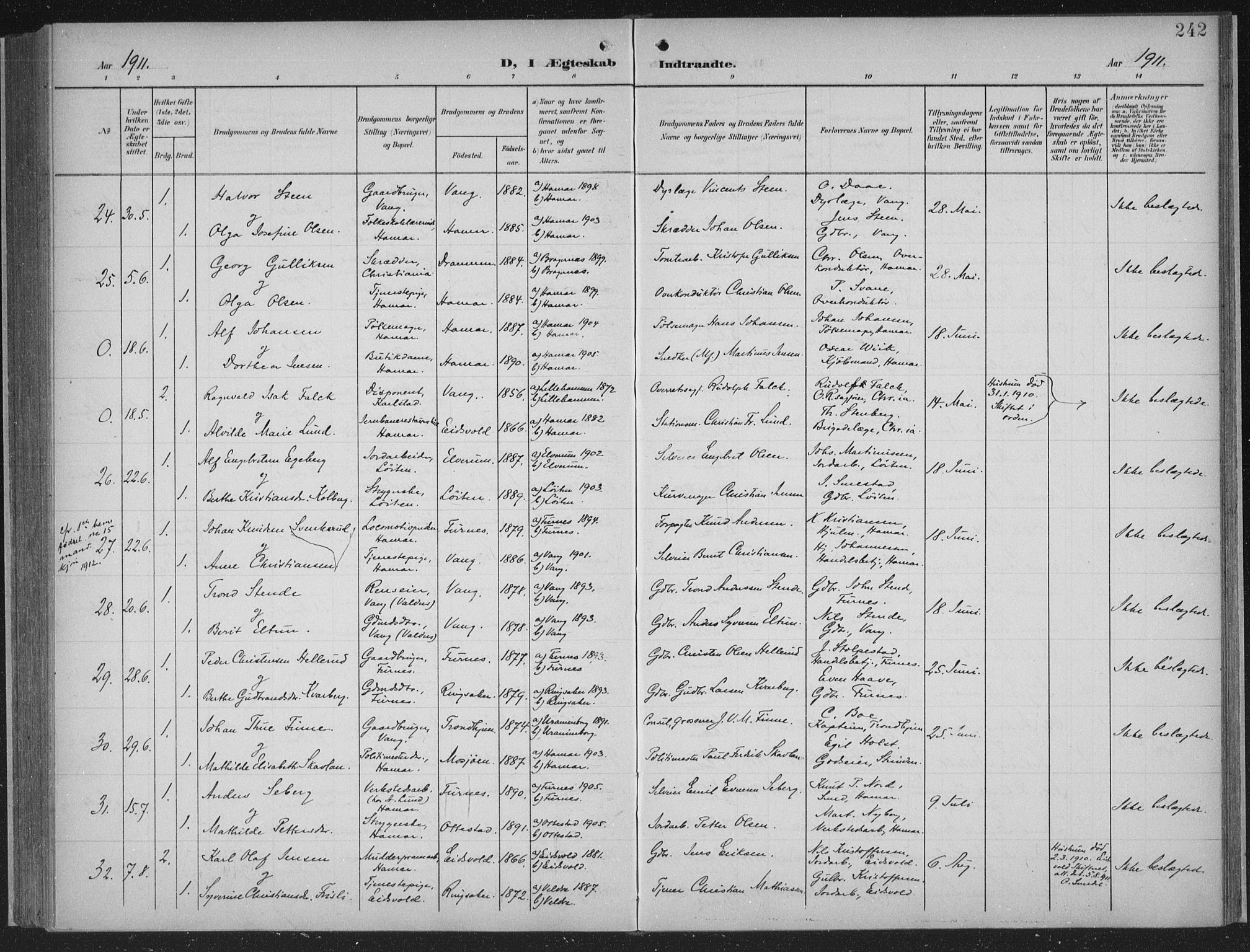 Hamar prestekontor, AV/SAH-DOMPH-002/H/Ha/Haa/L0001: Parish register (official) no. 1, 1900-1914, p. 242