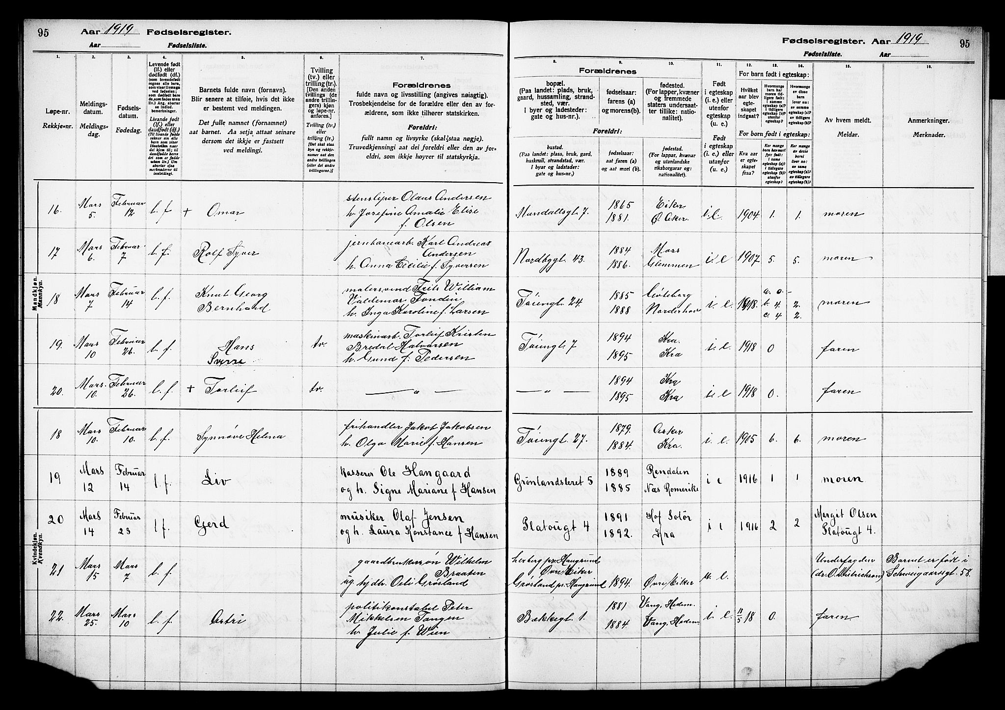 Grønland prestekontor Kirkebøker, AV/SAO-A-10848/J/Ja/L0001: Birth register no. 1, 1916-1922, p. 95