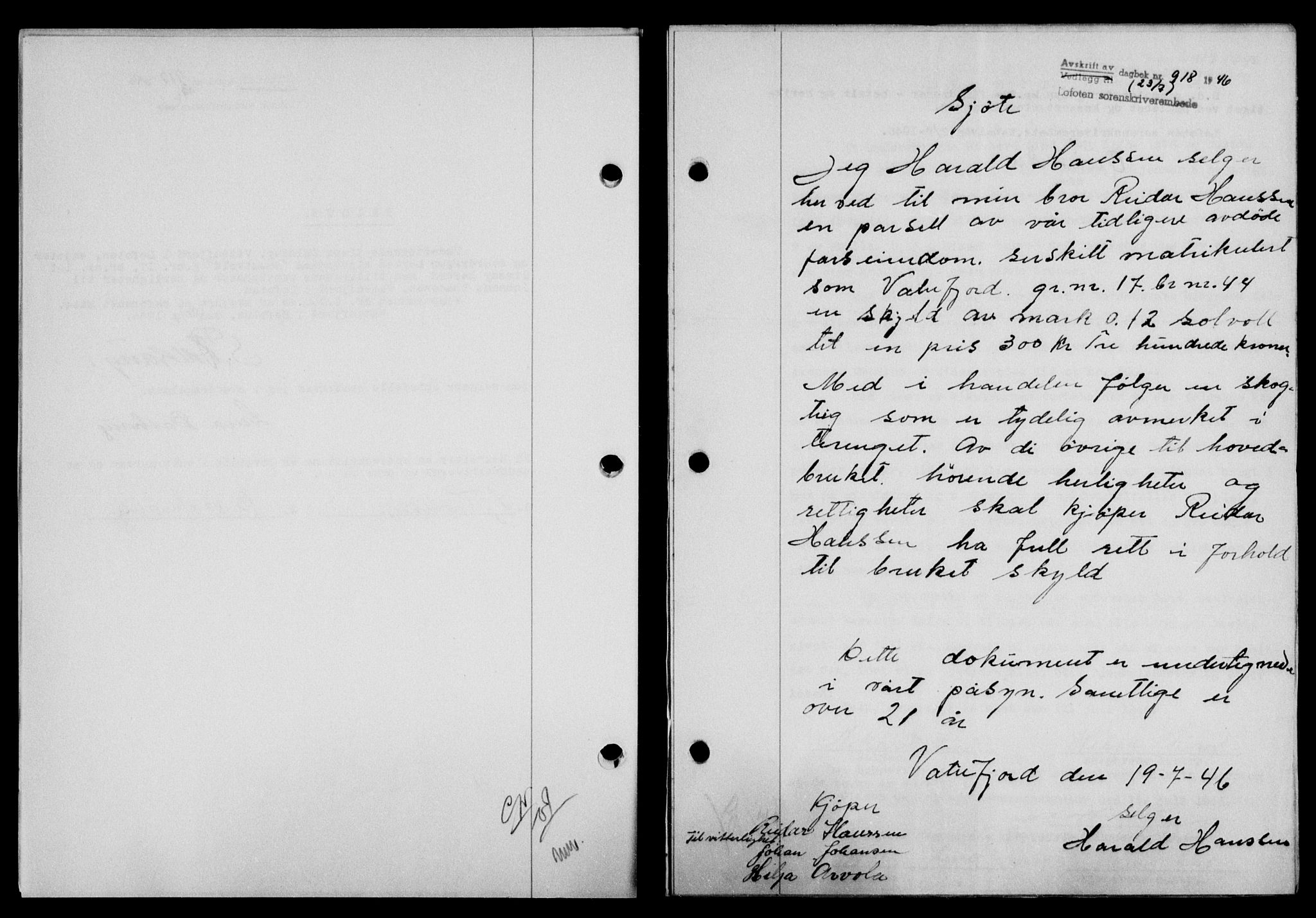 Lofoten sorenskriveri, SAT/A-0017/1/2/2C/L0014a: Mortgage book no. 14a, 1946-1946, Diary no: : 918/1946