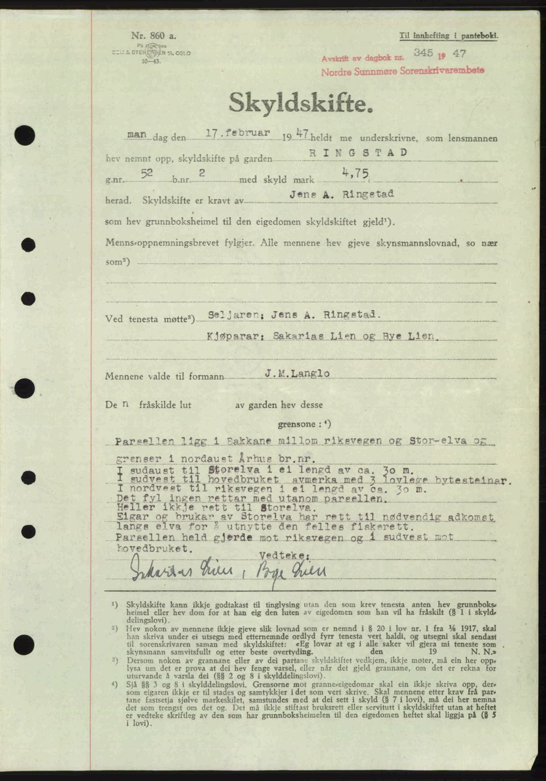 Nordre Sunnmøre sorenskriveri, AV/SAT-A-0006/1/2/2C/2Ca: Mortgage book no. A24, 1947-1947, Diary no: : 345/1947