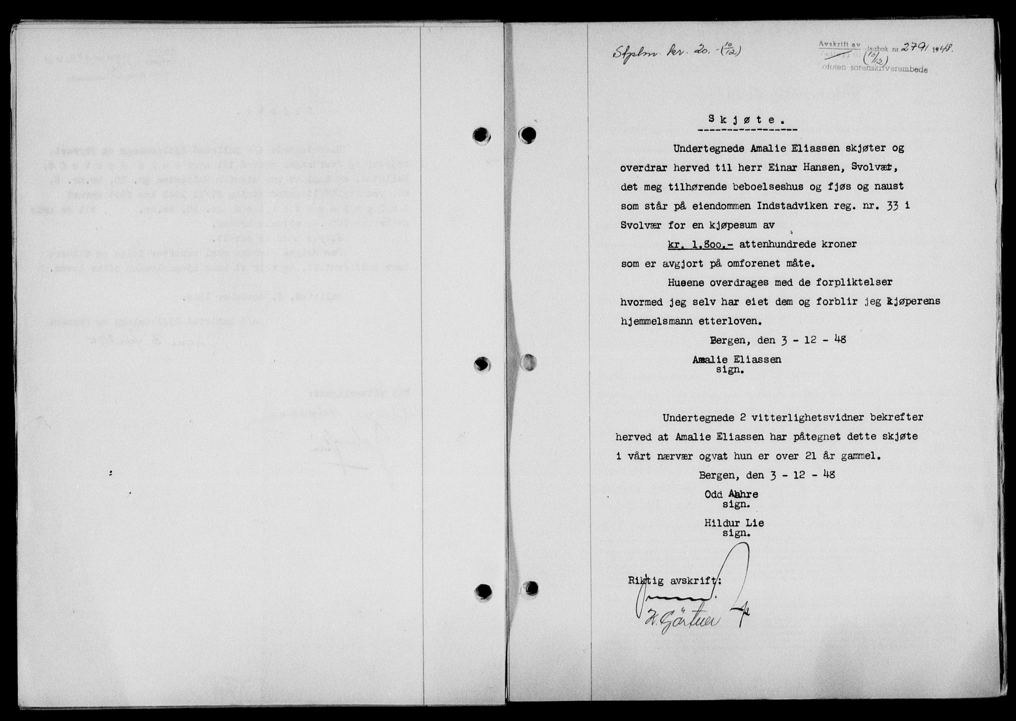Lofoten sorenskriveri, SAT/A-0017/1/2/2C/L0020a: Mortgage book no. 20a, 1948-1949, Diary no: : 2791/1948