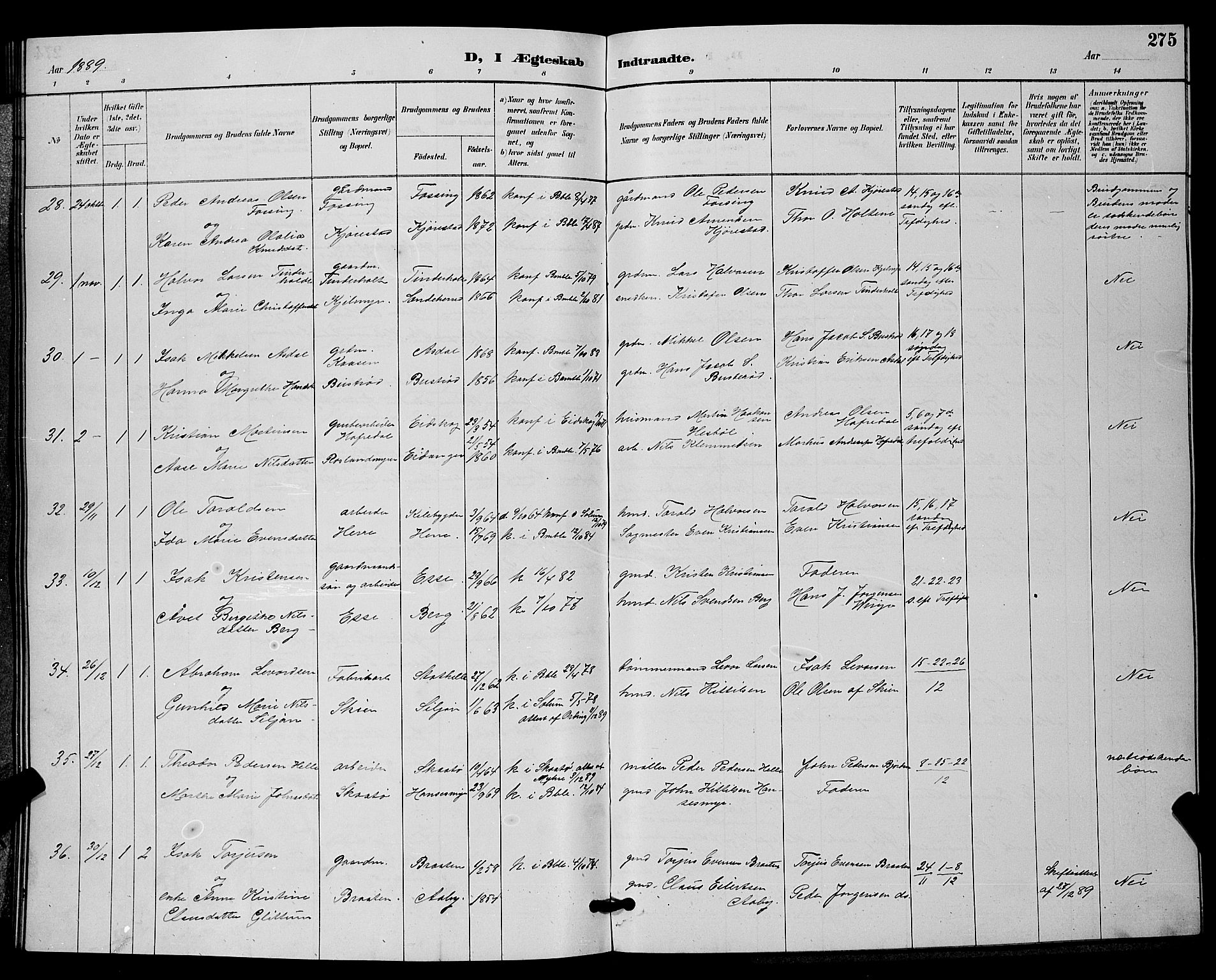 Bamble kirkebøker, SAKO/A-253/G/Ga/L0009: Parish register (copy) no. I 9, 1888-1900, p. 275