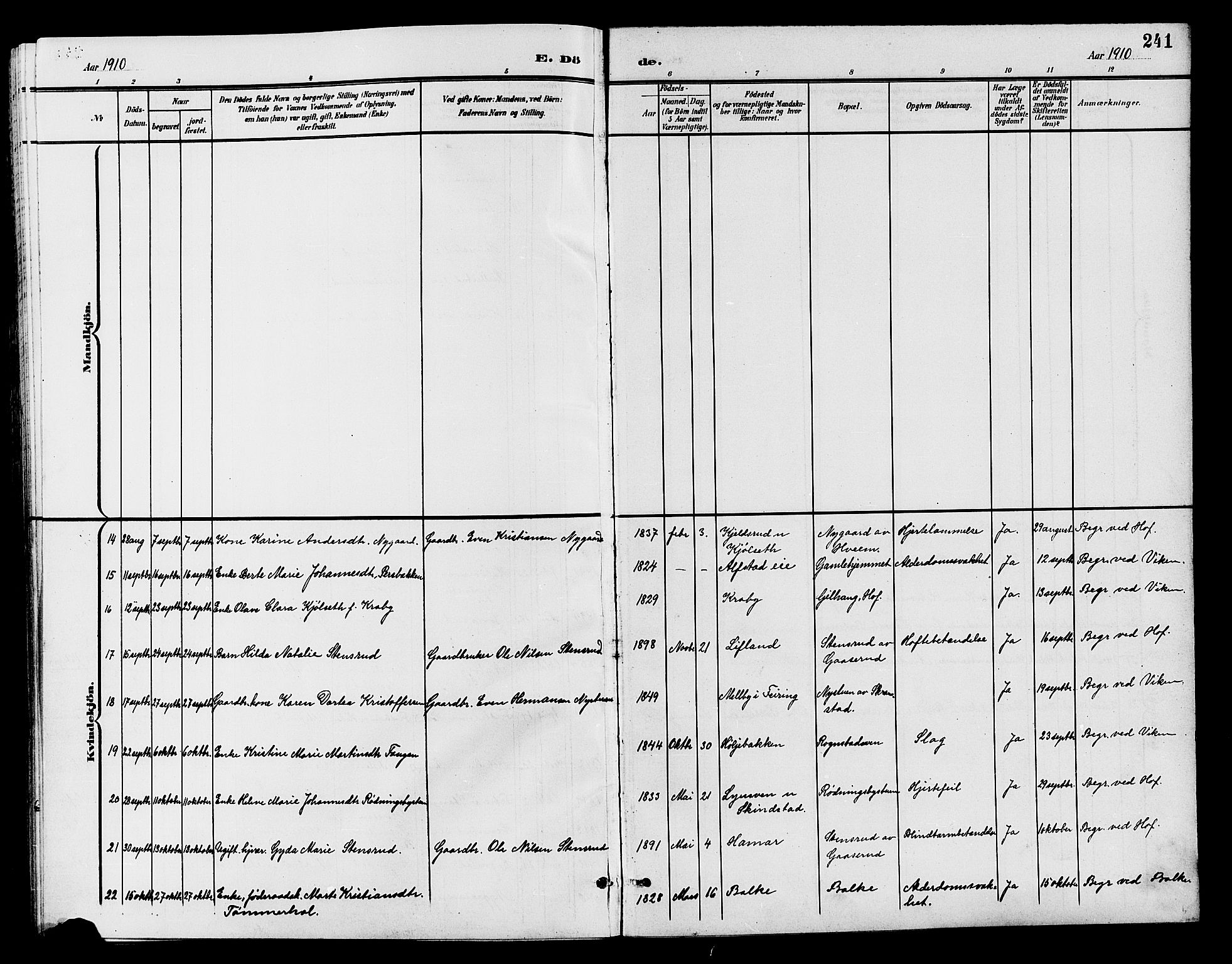 Østre Toten prestekontor, AV/SAH-PREST-104/H/Ha/Hab/L0007: Parish register (copy) no. 7, 1901-1912, p. 241