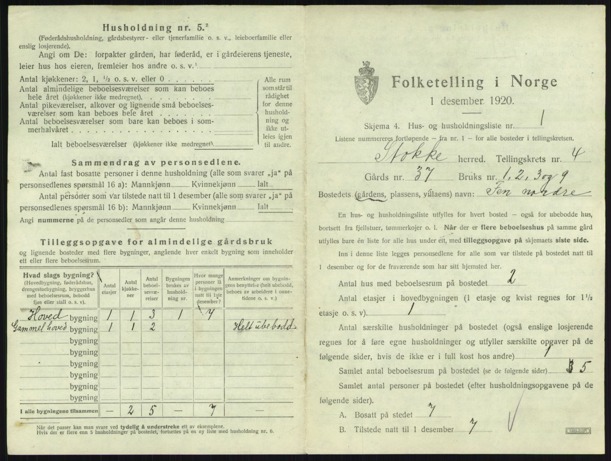 SAKO, 1920 census for Stokke, 1920, p. 806