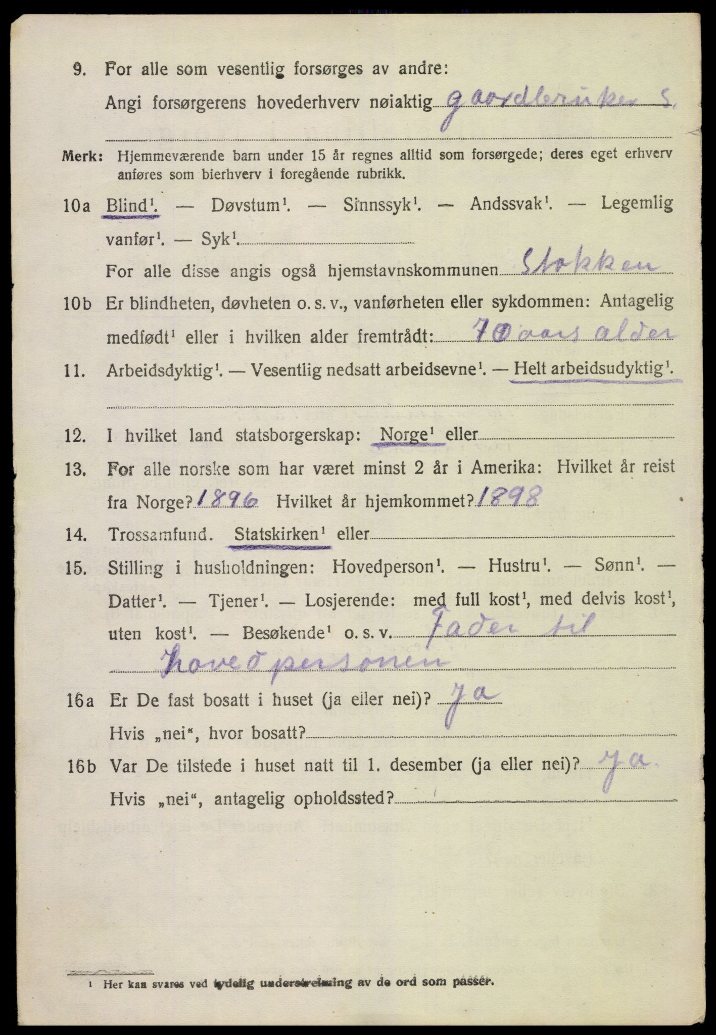 SAK, 1920 census for Stokken, 1920, p. 1493