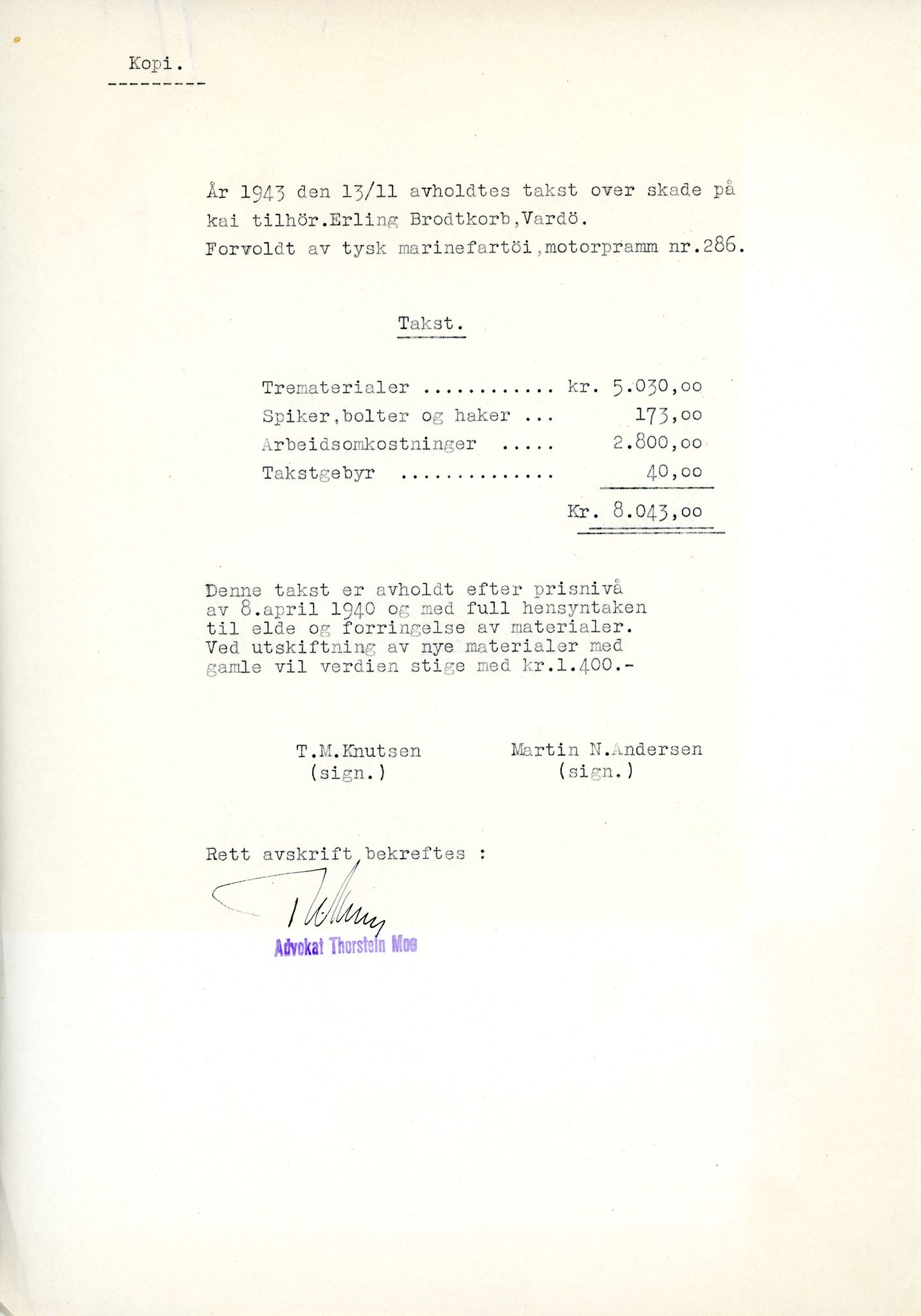 Erling Brodtkorb, Vardø, VAMU/A-0065/D/L0001/0009: Saksdokumenter / Wechrmacht. Ubetalte regninger etter Wechrmacht, 1940-1945