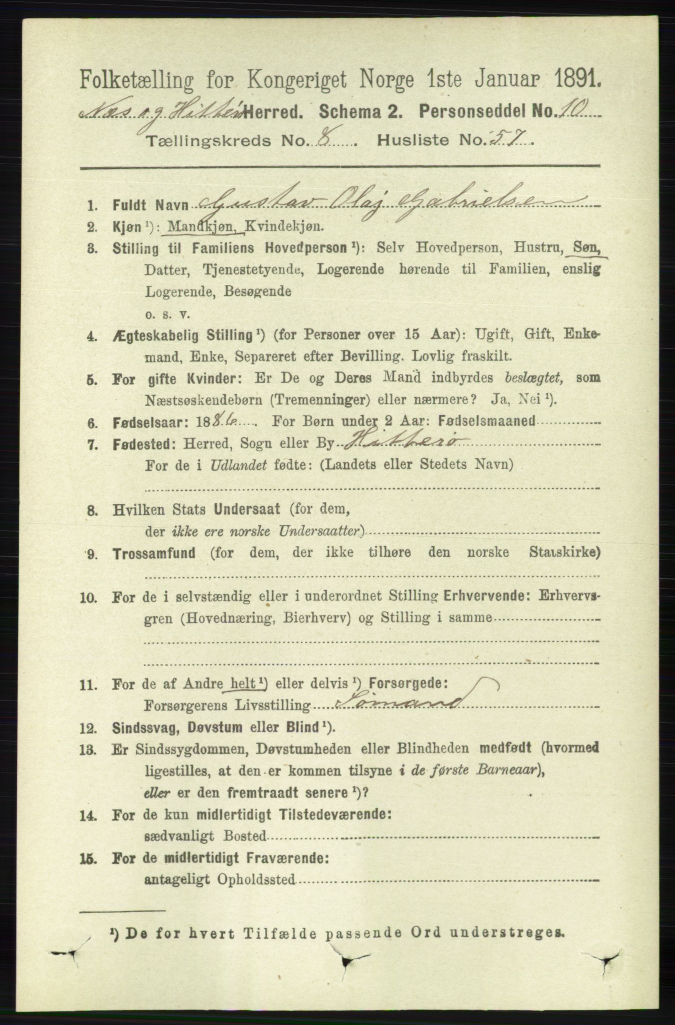 RA, 1891 census for 1043 Hidra og Nes, 1891, p. 3617