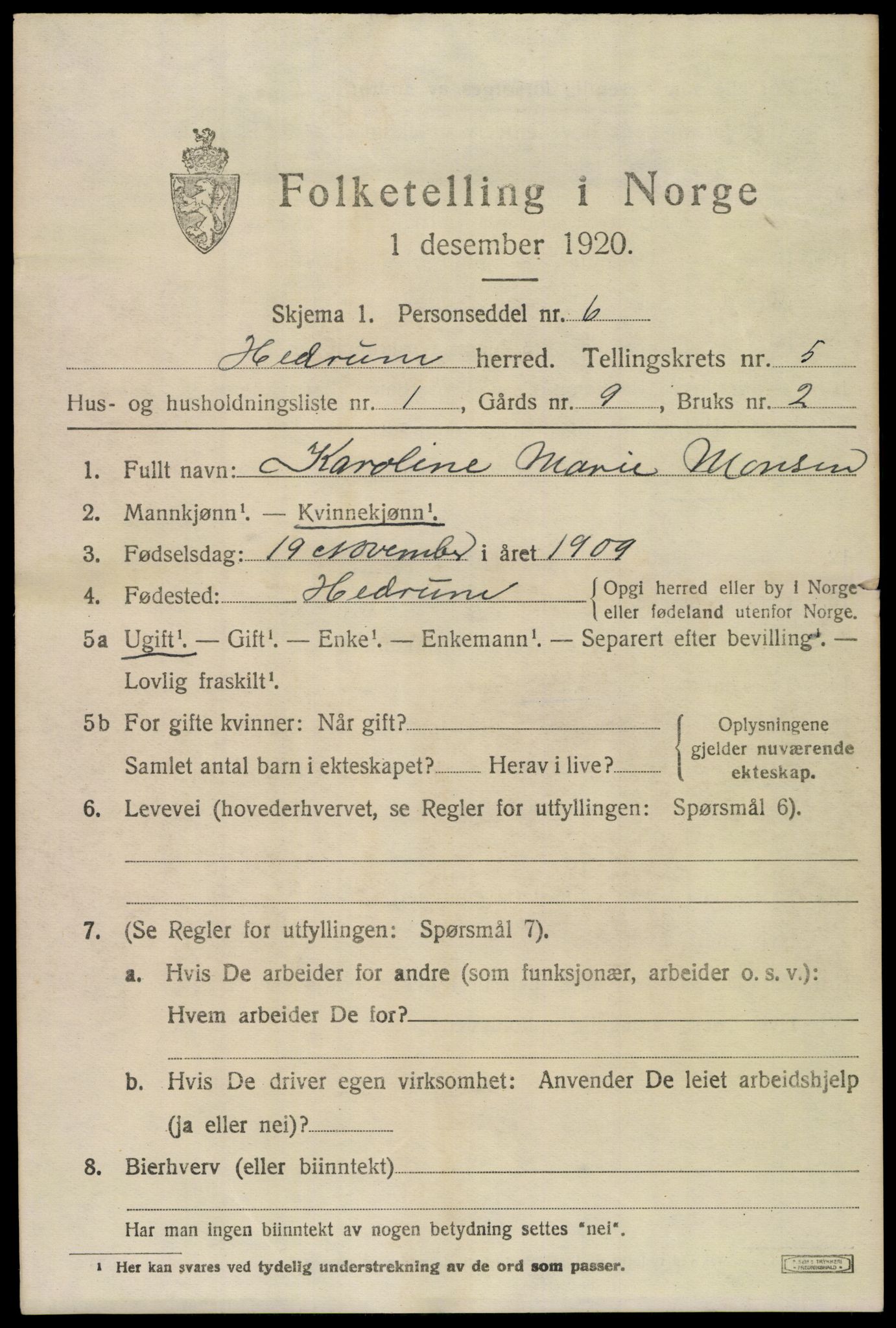 SAKO, 1920 census for Hedrum, 1920, p. 4779