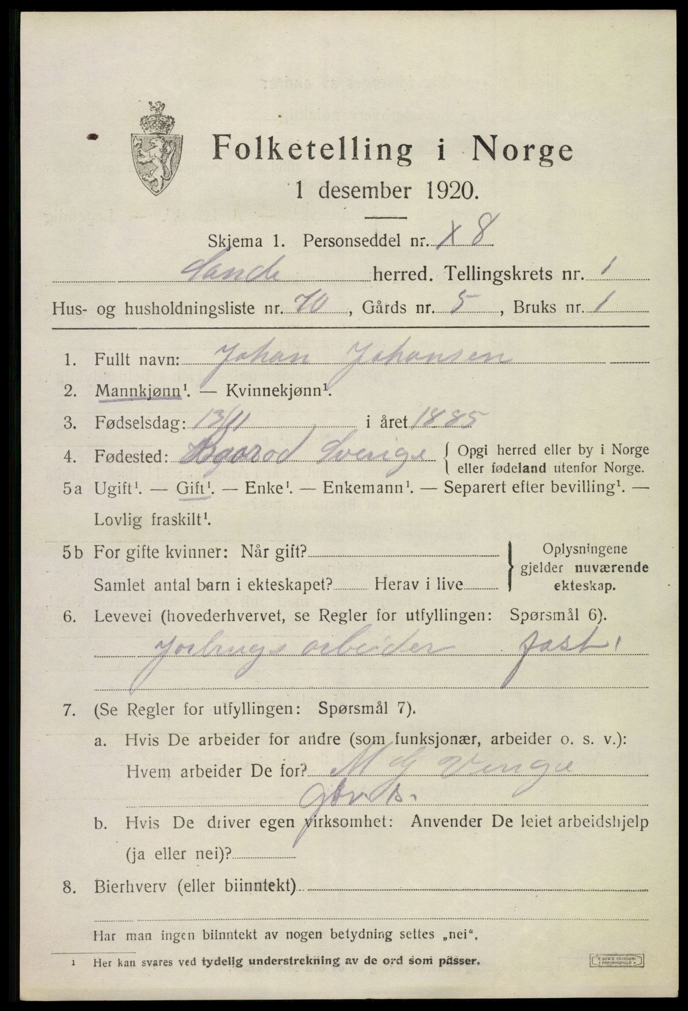 SAKO, 1920 census for Sande, 1920, p. 1992