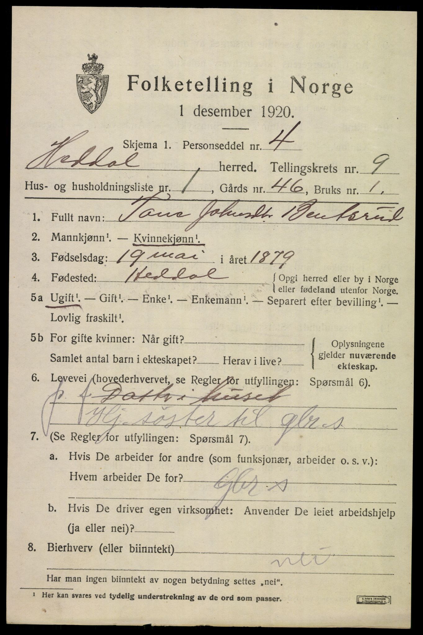 SAKO, 1920 census for Heddal, 1920, p. 6588