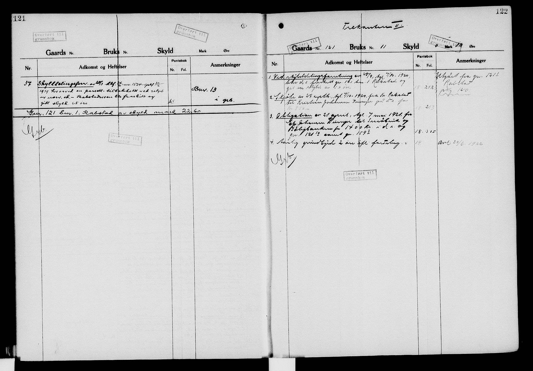 Nord-Hedmark sorenskriveri, SAH/TING-012/H/Ha/Had/Hade/L0006: Mortgage register no. 4.6, 1920-1940, p. 121-122