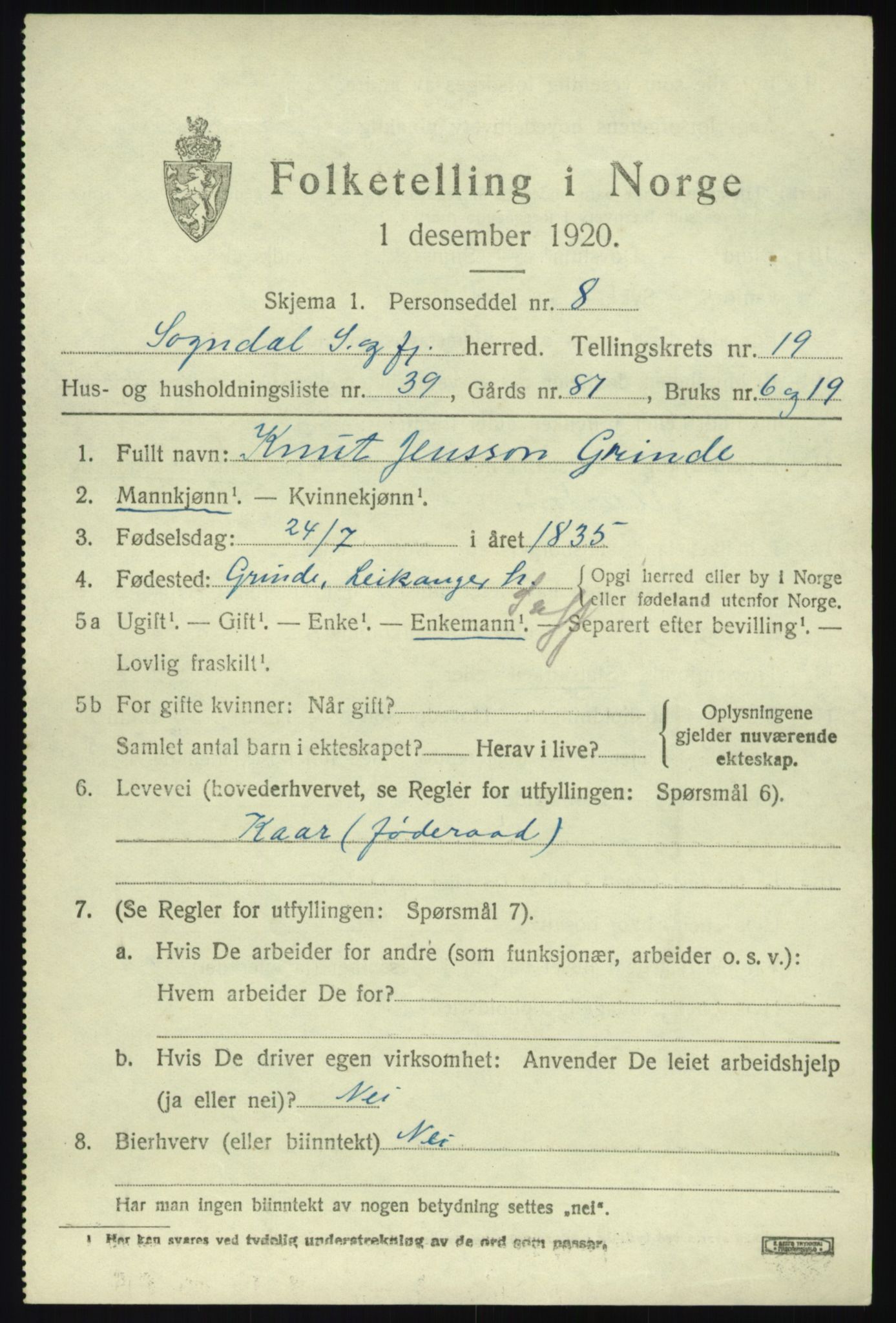 SAB, 1920 census for Sogndal, 1920, p. 7501