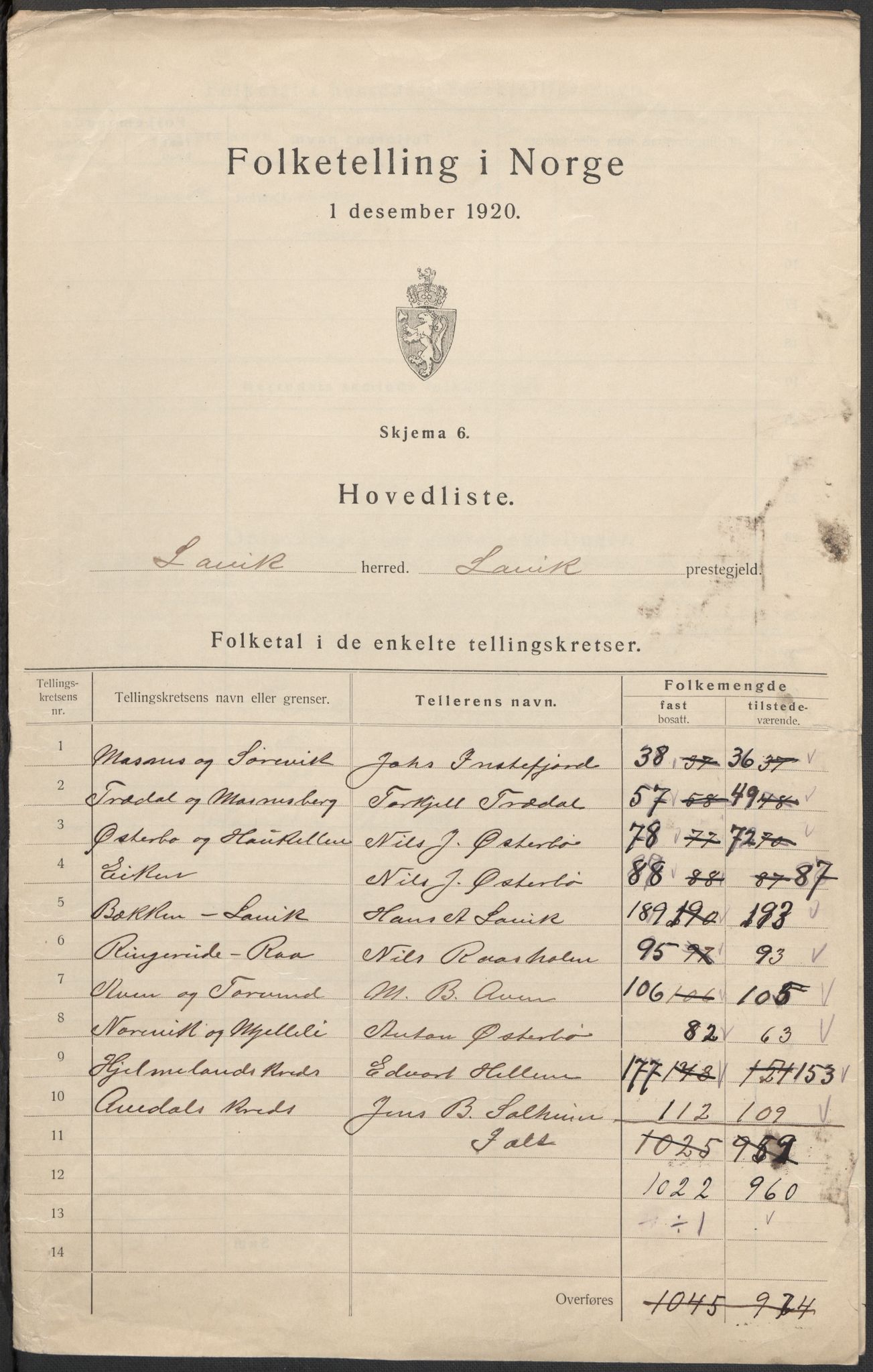 SAB, 1920 census for Lavik, 1920, p. 7