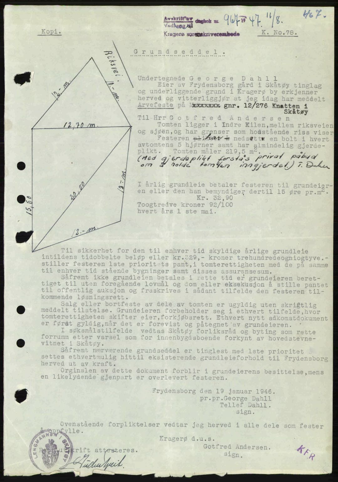 Kragerø sorenskriveri, AV/SAKO-A-65/G/Ga/Gab/L0061: Mortgage book no. A-61, 1947-1947, Diary no: : 967/1947