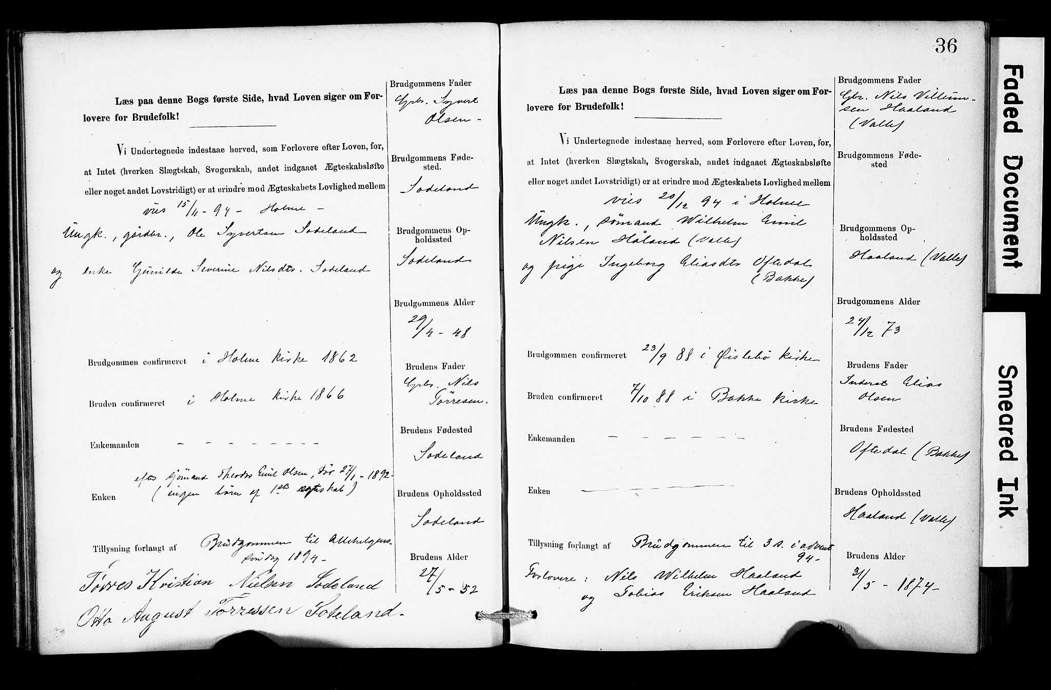 Holum sokneprestkontor, SAK/1111-0022/F/Fe/L0004: Banns register no. II 5 4, 1890-1914, p. 36