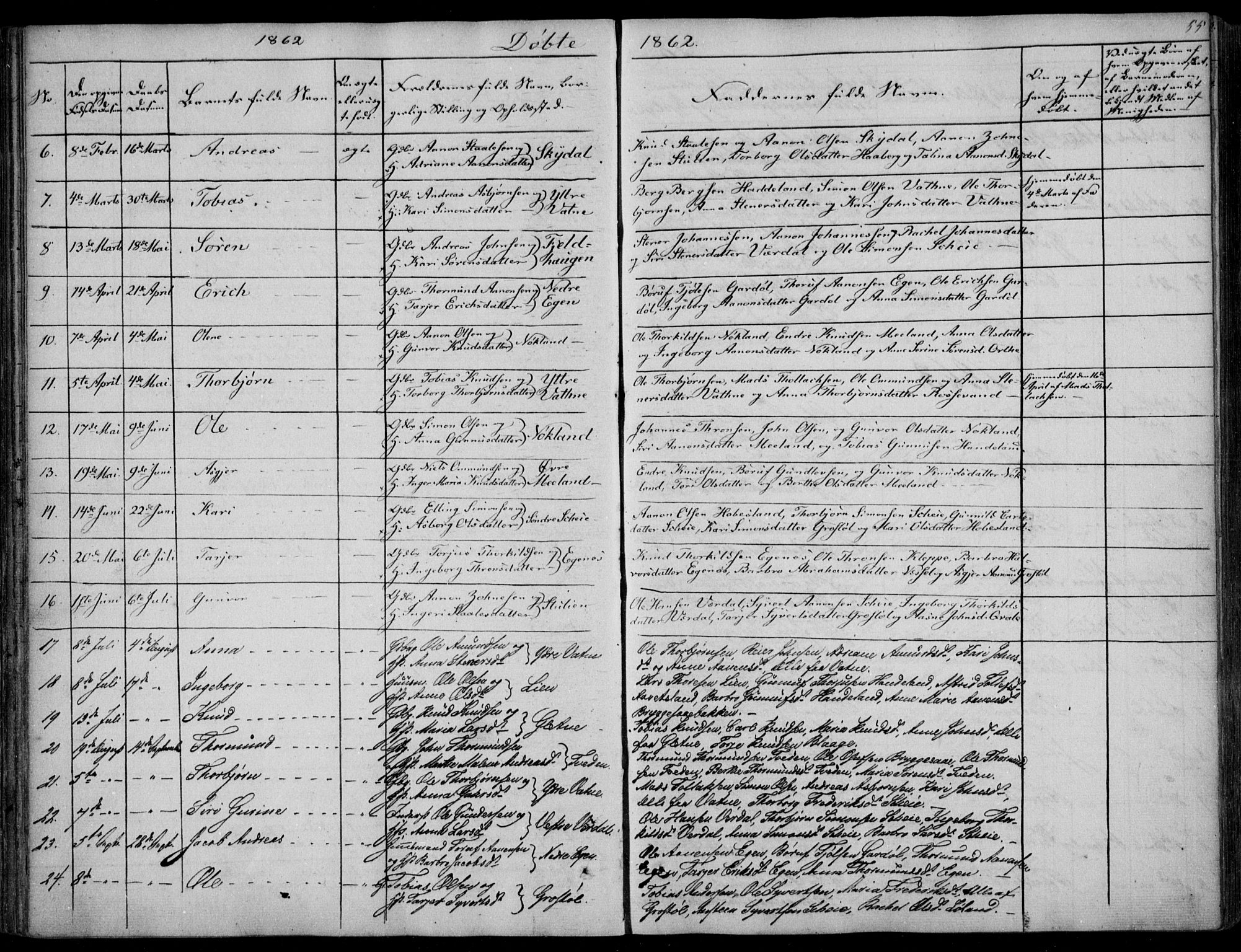 Hægebostad sokneprestkontor, AV/SAK-1111-0024/F/Fa/Fab/L0002: Parish register (official) no. A 2, 1836-1872, p. 55