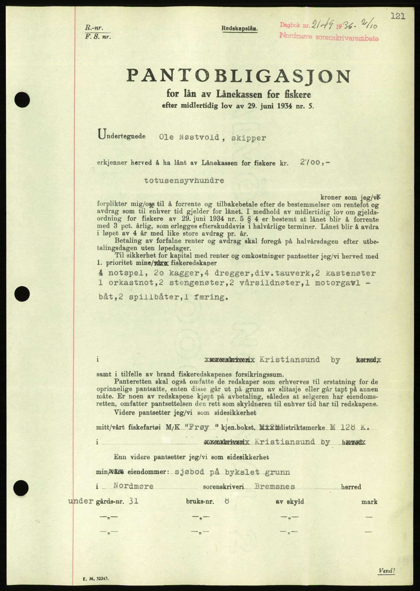 Nordmøre sorenskriveri, AV/SAT-A-4132/1/2/2Ca/L0090: Mortgage book no. B80, 1936-1937, Diary no: : 2149/1936