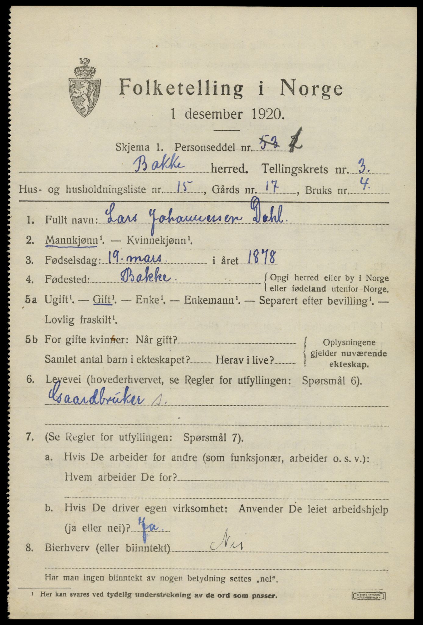 SAK, 1920 census for Bakke, 1920, p. 1086