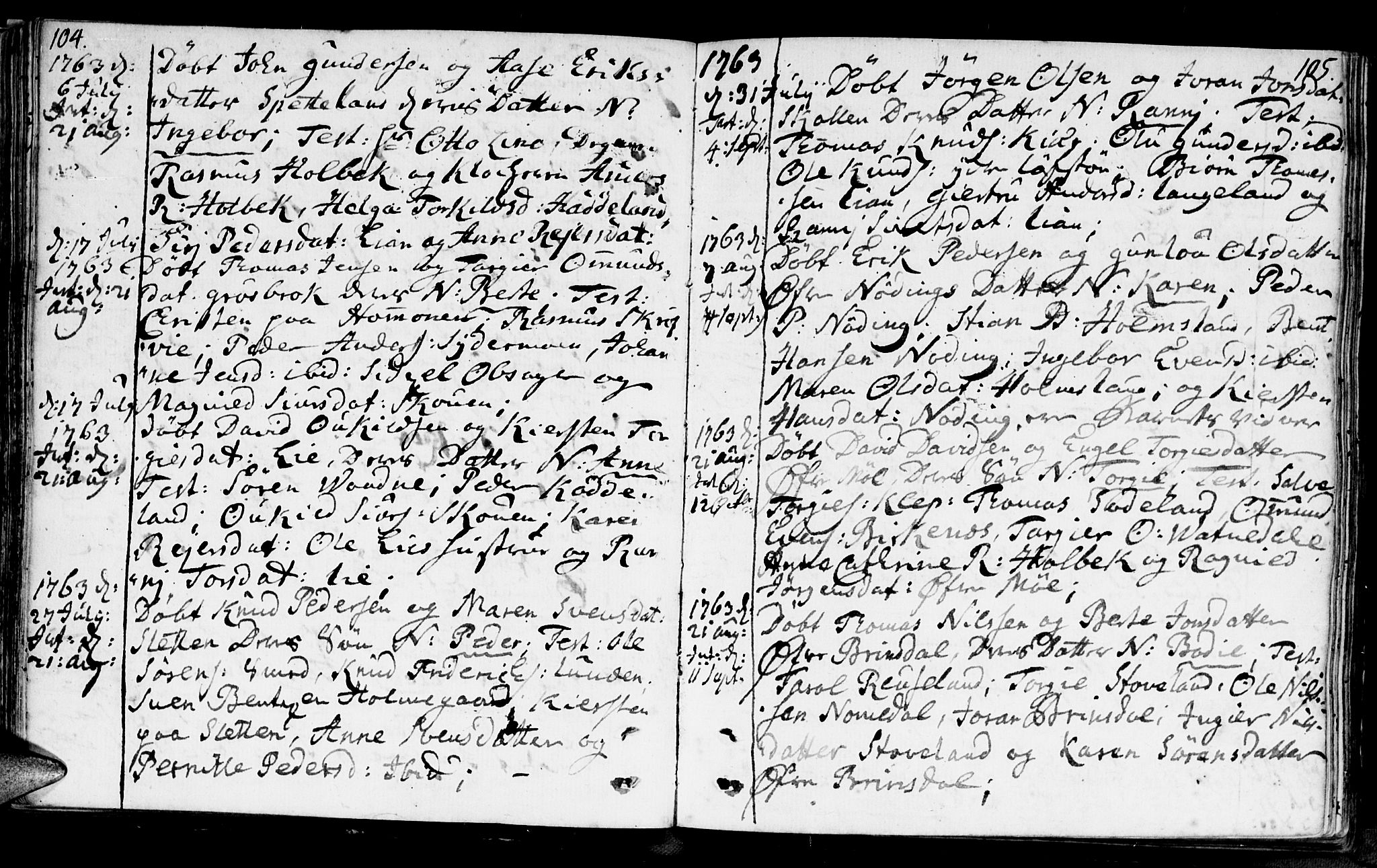 Holum sokneprestkontor, AV/SAK-1111-0022/F/Fa/Faa/L0002: Parish register (official) no. A 2, 1756-1780, p. 104-105