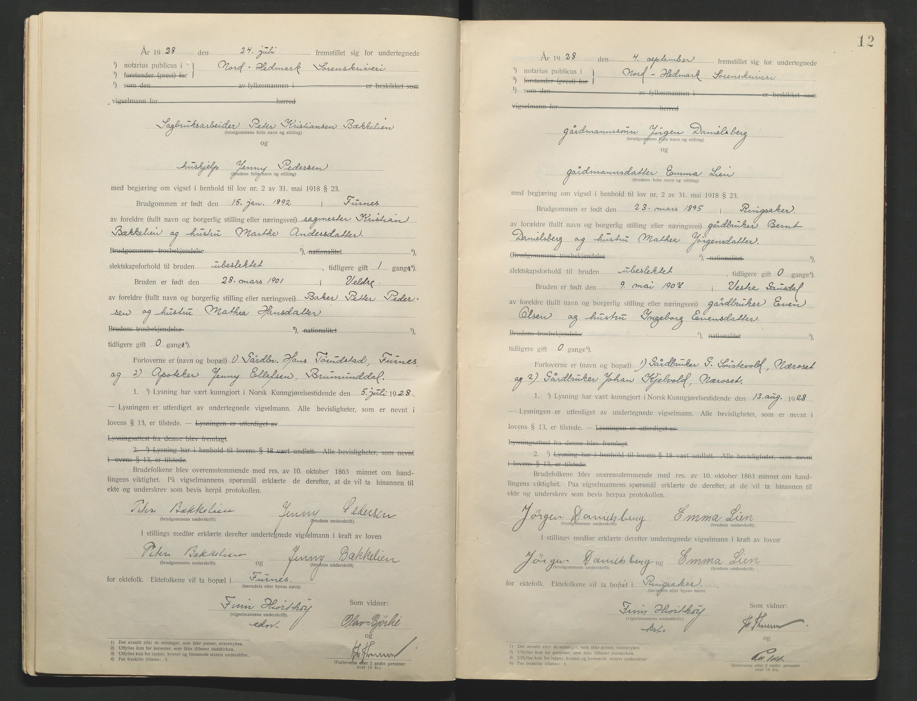 Nord-Hedmark sorenskriveri, AV/SAH-TING-012/L/Lc/L0001/0001: Vigselsprotokoller / Vigselsprotokoll, 1920-1942, p. 12