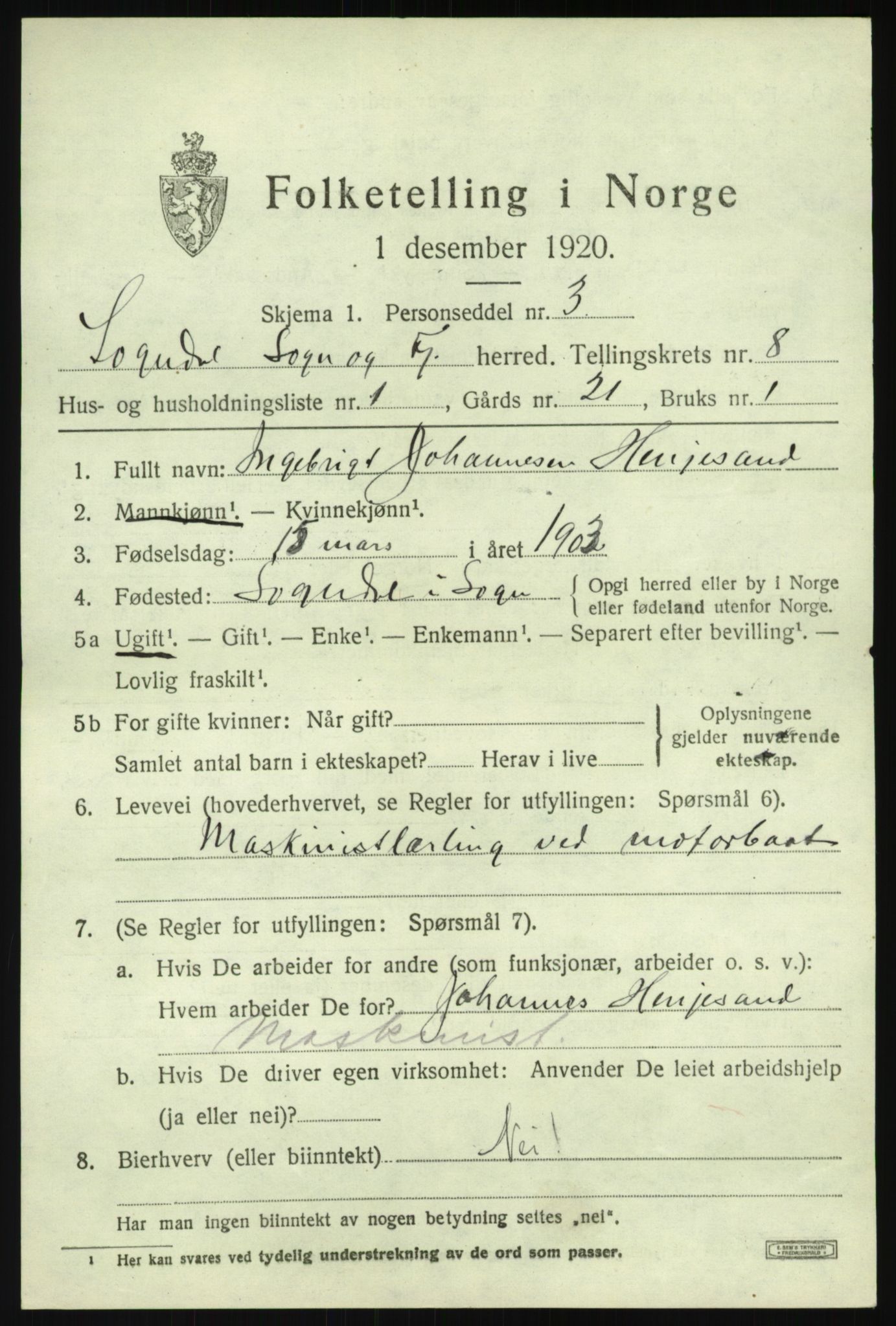 SAB, 1920 census for Sogndal, 1920, p. 3717