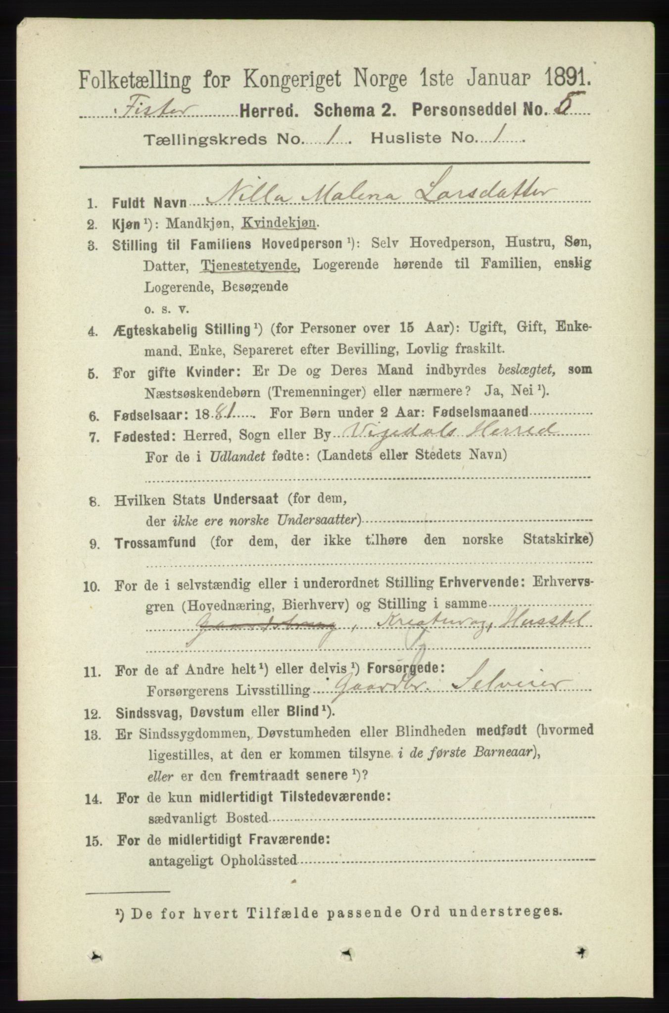 RA, 1891 census for 1132 Fister, 1891, p. 70