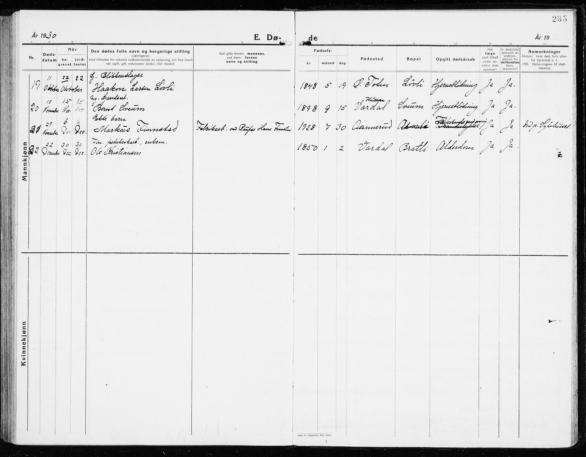 Vardal prestekontor, SAH/PREST-100/H/Ha/Haa/L0018: Parish register (official) no. 18, 1930-1945, p. 235