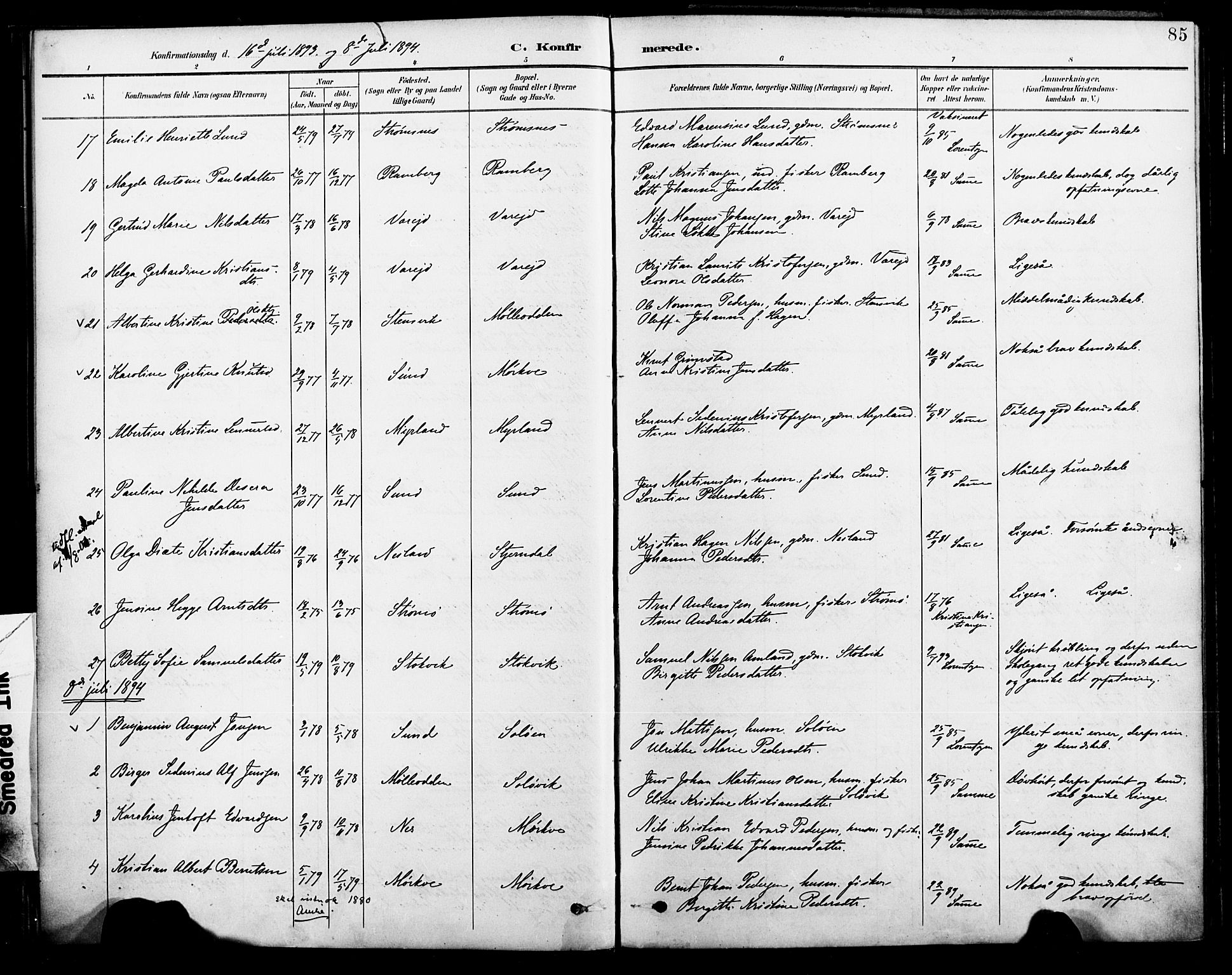 Ministerialprotokoller, klokkerbøker og fødselsregistre - Nordland, SAT/A-1459/885/L1205: Parish register (official) no. 885A06, 1892-1905, p. 85