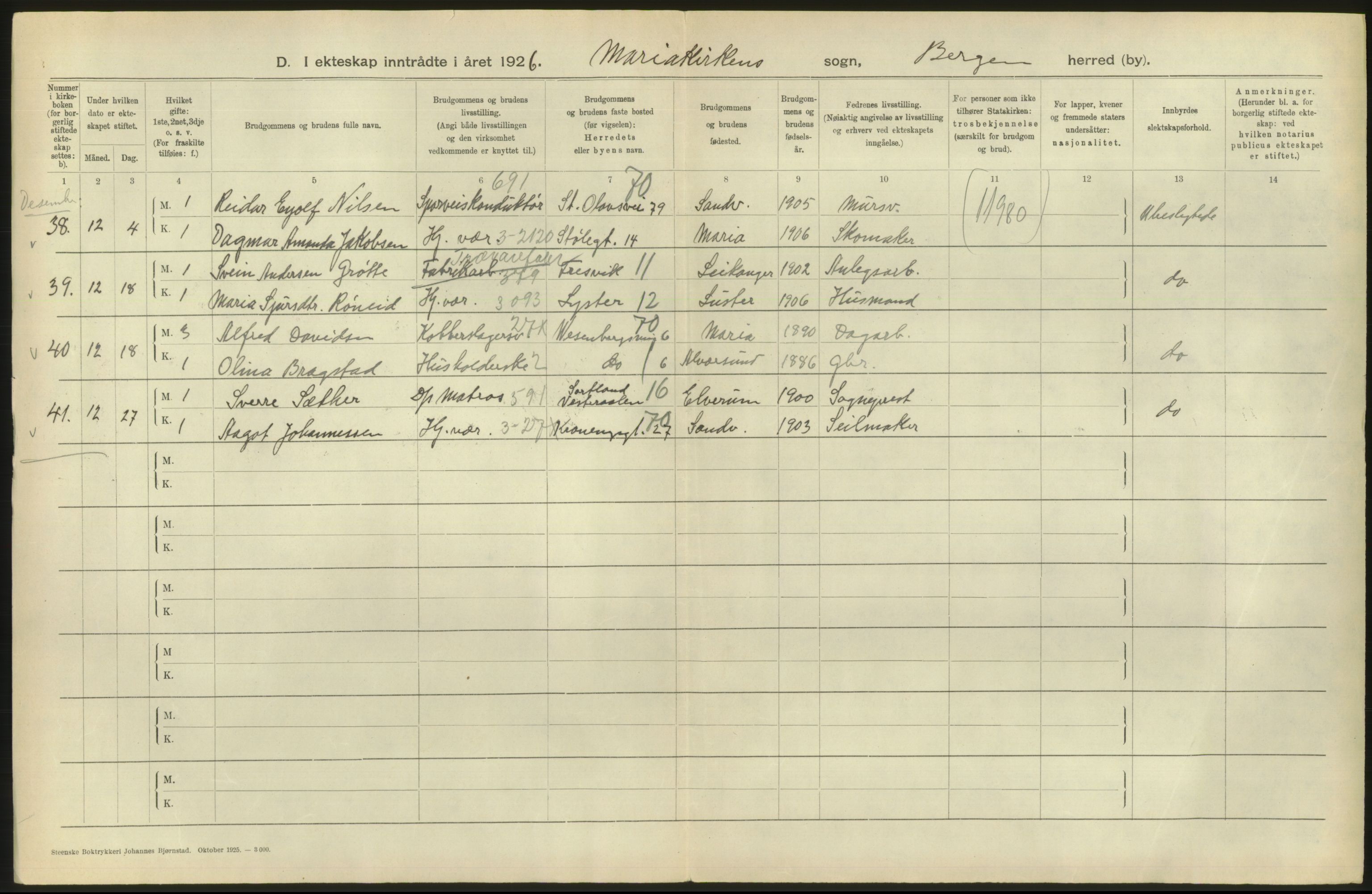 Statistisk sentralbyrå, Sosiodemografiske emner, Befolkning, RA/S-2228/D/Df/Dfc/Dfcf/L0028: Bergen: Gifte, døde, dødfødte., 1926, p. 146