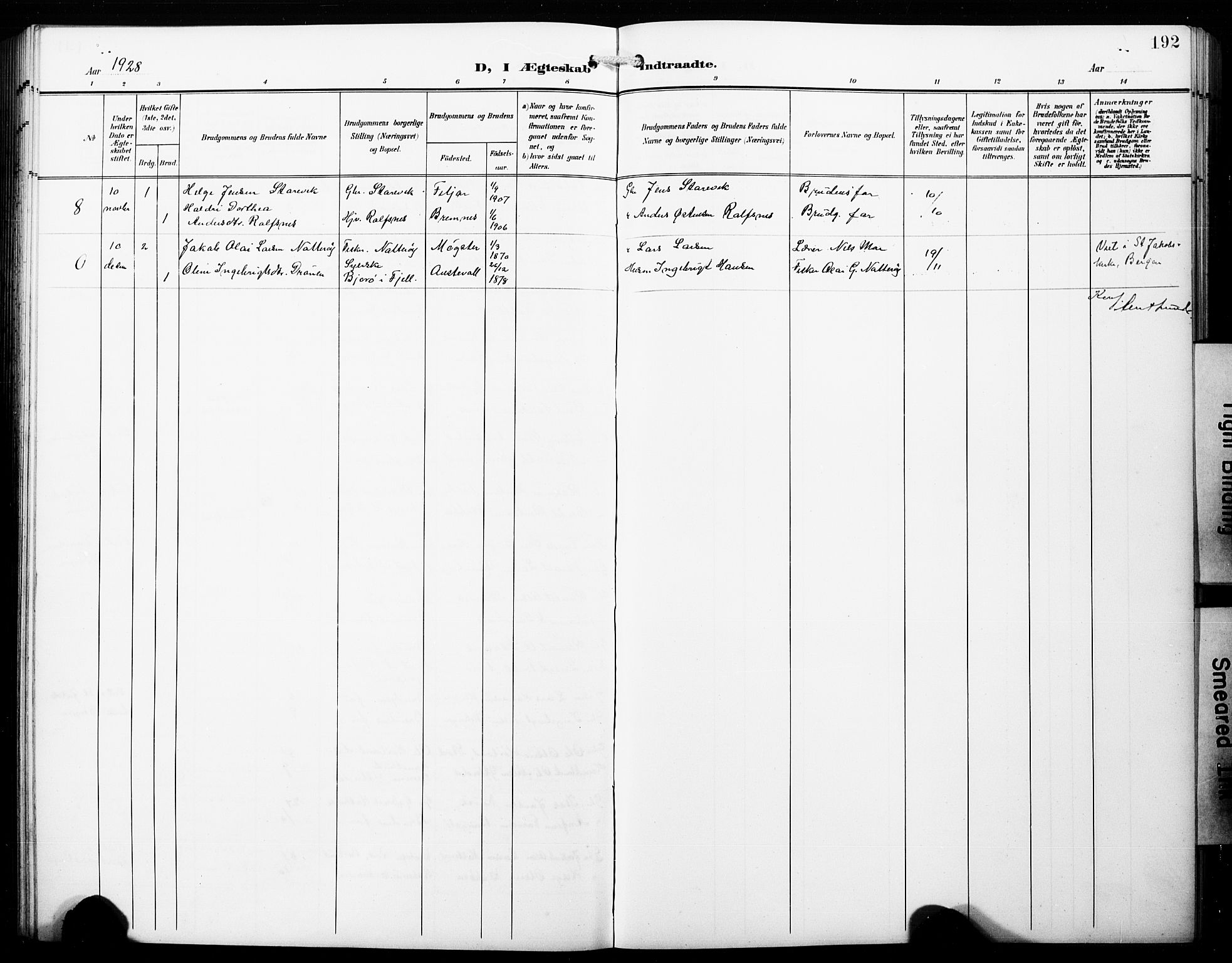 Fitjar sokneprestembete, SAB/A-99926: Parish register (copy) no. B 1, 1906-1928, p. 192