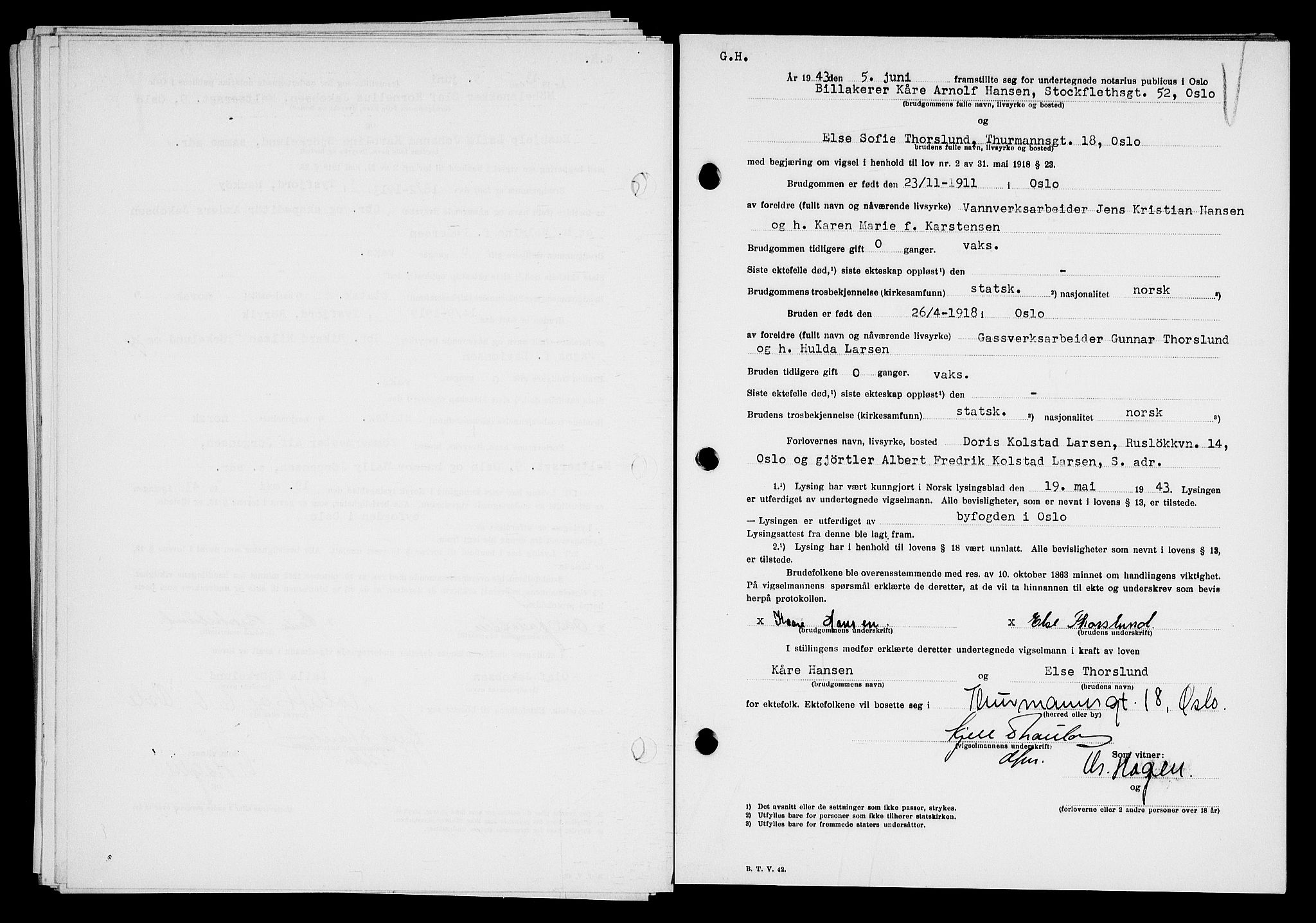 Oslo byfogd avd. I, SAO/A-10220/L/Lb/Lbb/L0045: Notarialprotokoll, rekke II: Vigsler, 1943