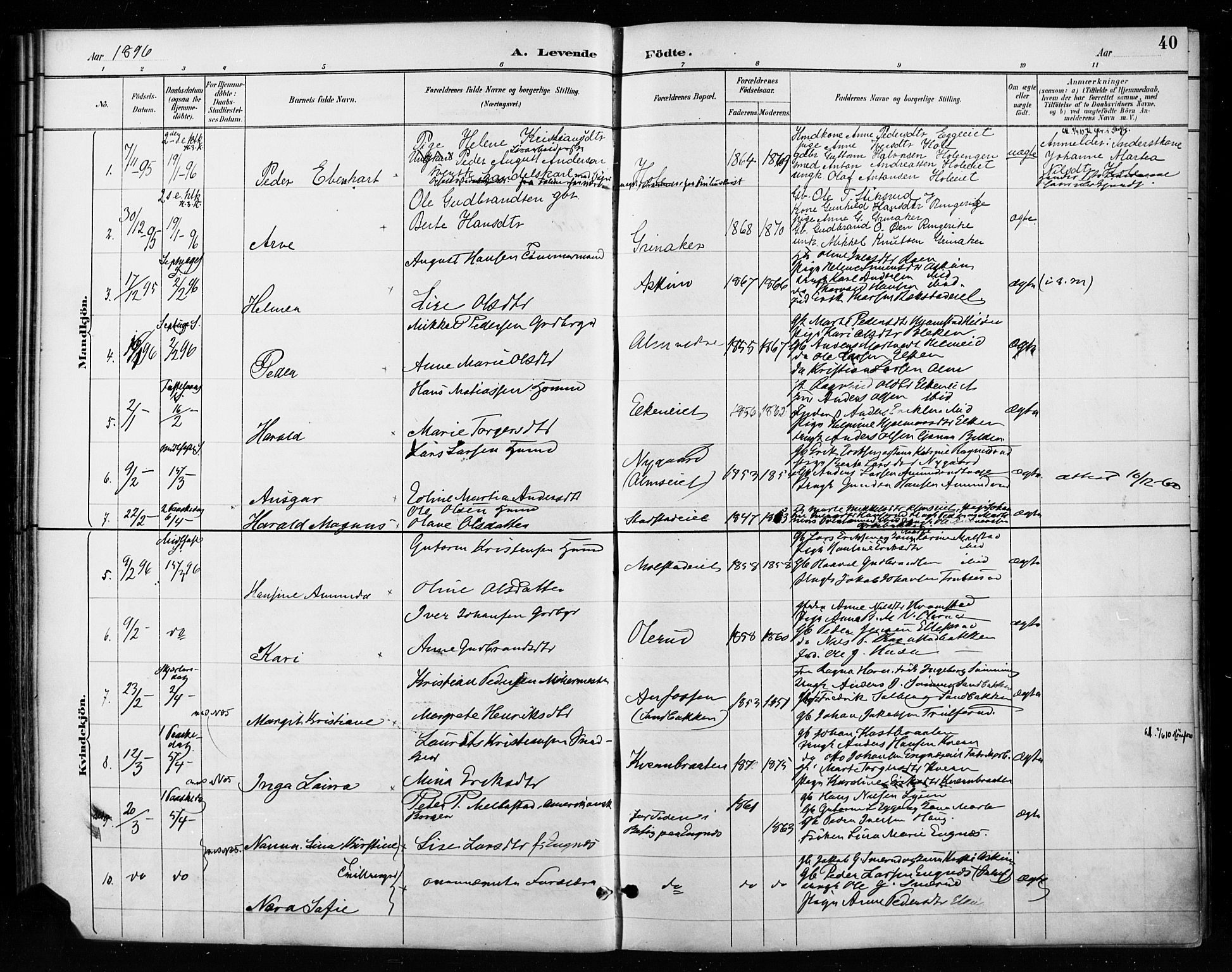 Gran prestekontor, AV/SAH-PREST-112/H/Ha/Haa/L0018: Parish register (official) no. 18, 1889-1899, p. 40