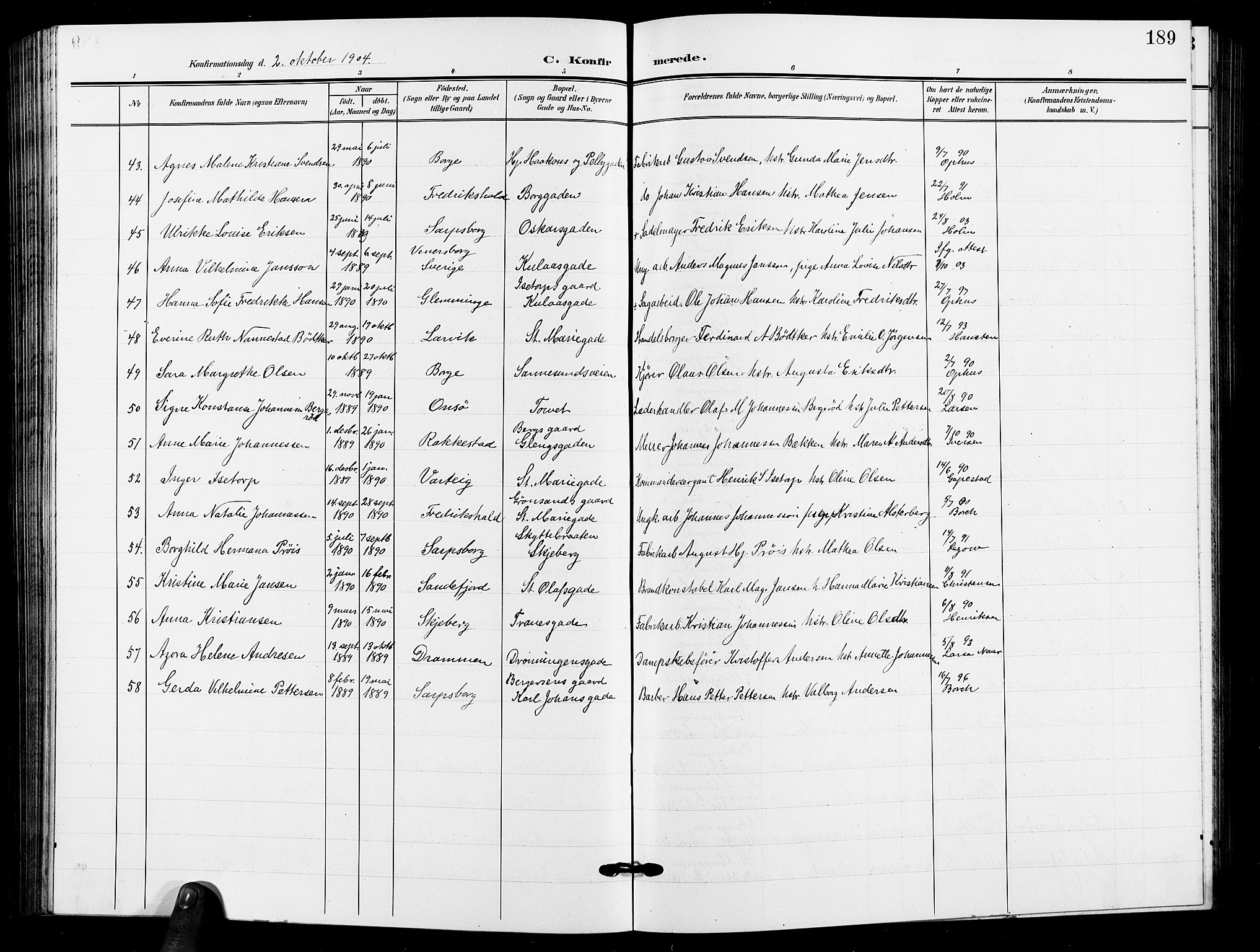 Sarpsborg prestekontor Kirkebøker, SAO/A-2006/G/Ga/L0001: Parish register (copy) no. 1, 1902-1911, p. 189