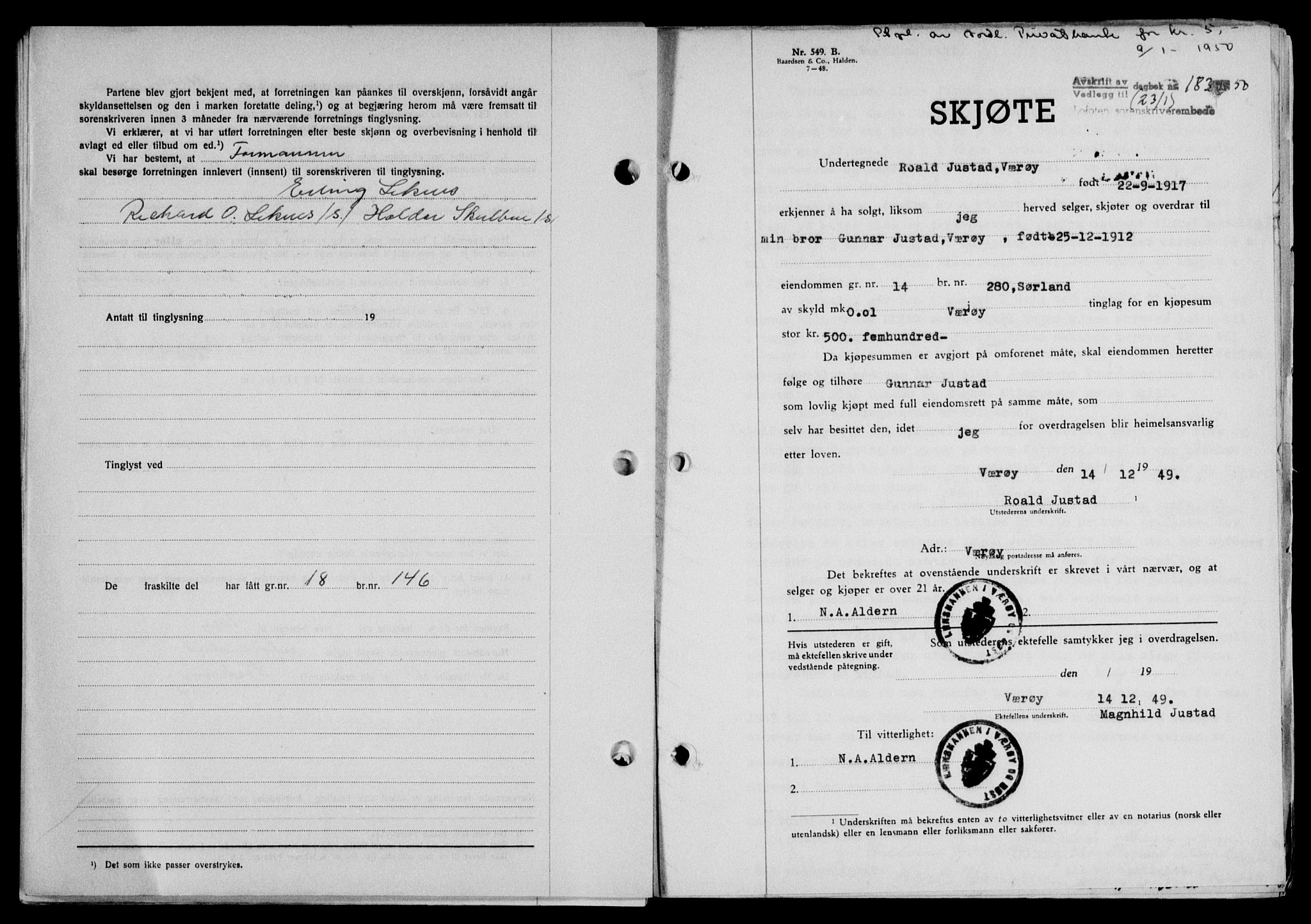Lofoten sorenskriveri, SAT/A-0017/1/2/2C/L0022a: Mortgage book no. 22a, 1949-1950, Diary no: : 183/1950