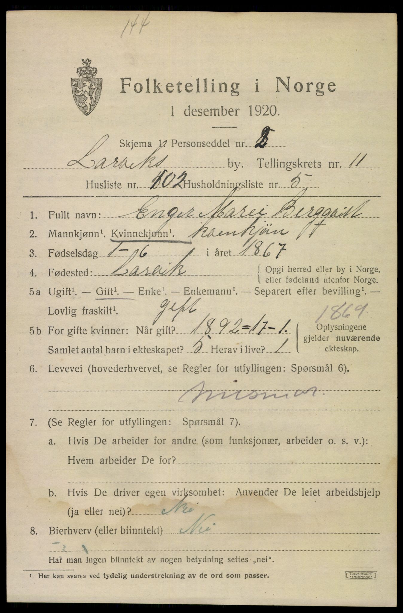 SAKO, 1920 census for Larvik, 1920, p. 30434