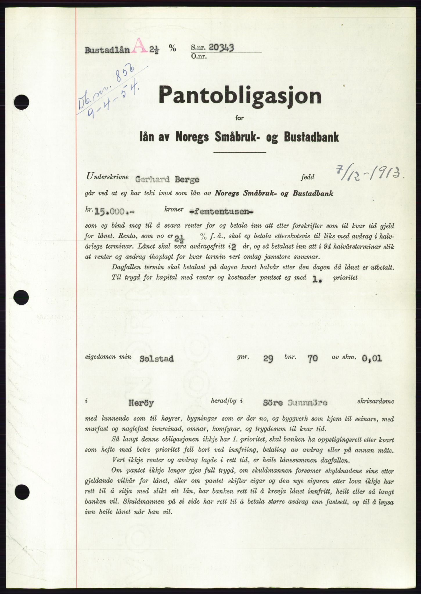 Søre Sunnmøre sorenskriveri, AV/SAT-A-4122/1/2/2C/L0124: Mortgage book no. 12B, 1953-1954, Diary no: : 856/1954