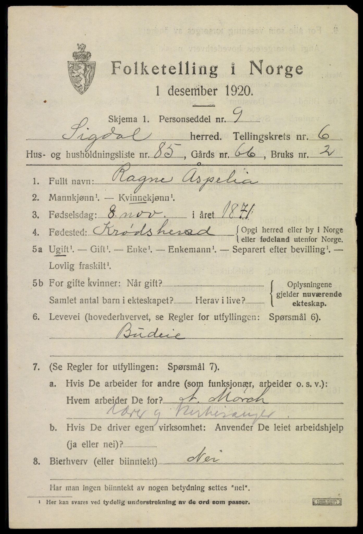 SAKO, 1920 census for Sigdal, 1920, p. 5456