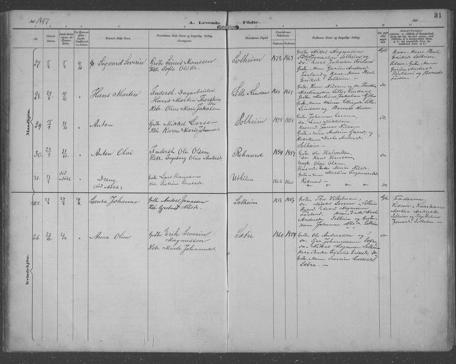 Lindås Sokneprestembete, SAB/A-76701/H/Hab: Parish register (copy) no. C 4, 1894-1910, p. 31